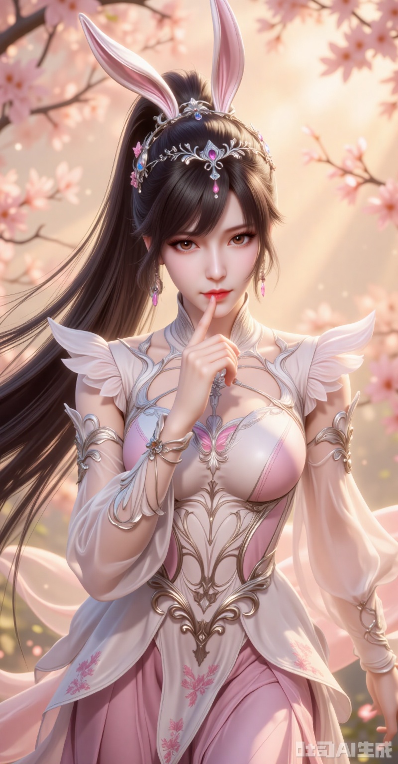 Xiao Wu leans forward slightly, her raven-black hair tied into a high ponytail that cascades like liquid obsidian. Clad in a blush-pink dress adorned with floral vines, the sheer white sleeves cling to her skin, diffusing the golden sunlight. Her hazel eyes glint with playful allure as a fingertip brushes her smirking lips—a silent challenge to the viewer. Shot from a dramatic low angle with a Canon EOS R5 and RF 85mm f/1.2L USM lens, the bokeh transforms the background into a dreamy haze of blossoms and light shafts. Every pore and eyelash is rendered in 8K clarity, her pose meticulously framed to dominate the rule-of-thirds grid, embodying a fusion of anime fantasy and Renaissance portraiture. lvjing,xiaowu,rabbit earrings,black hair,long hair,high ponytail,brown eyes,fair_skin,jewelry,earrings,headpiece,
