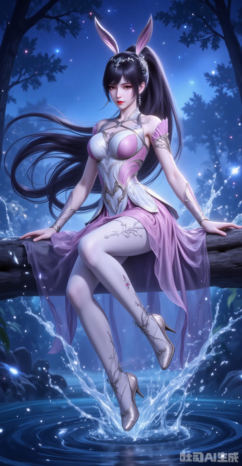 ,xiaowu,1girl, animal ears, rabbit ears, ponytail, splashing, night, water, high heels, solo, dress, long hair, sky, sparkle, hair ornament, sitting, tree, night sky, black hair,white_pantyhose, closed mouth, full body, leg up, pink dress, lvjing,xiaowu,rabbit earrings,black hair,long hair,high ponytail,brown eyes,fair_skin,jewelry,earrings,headpiece,lvjing,
