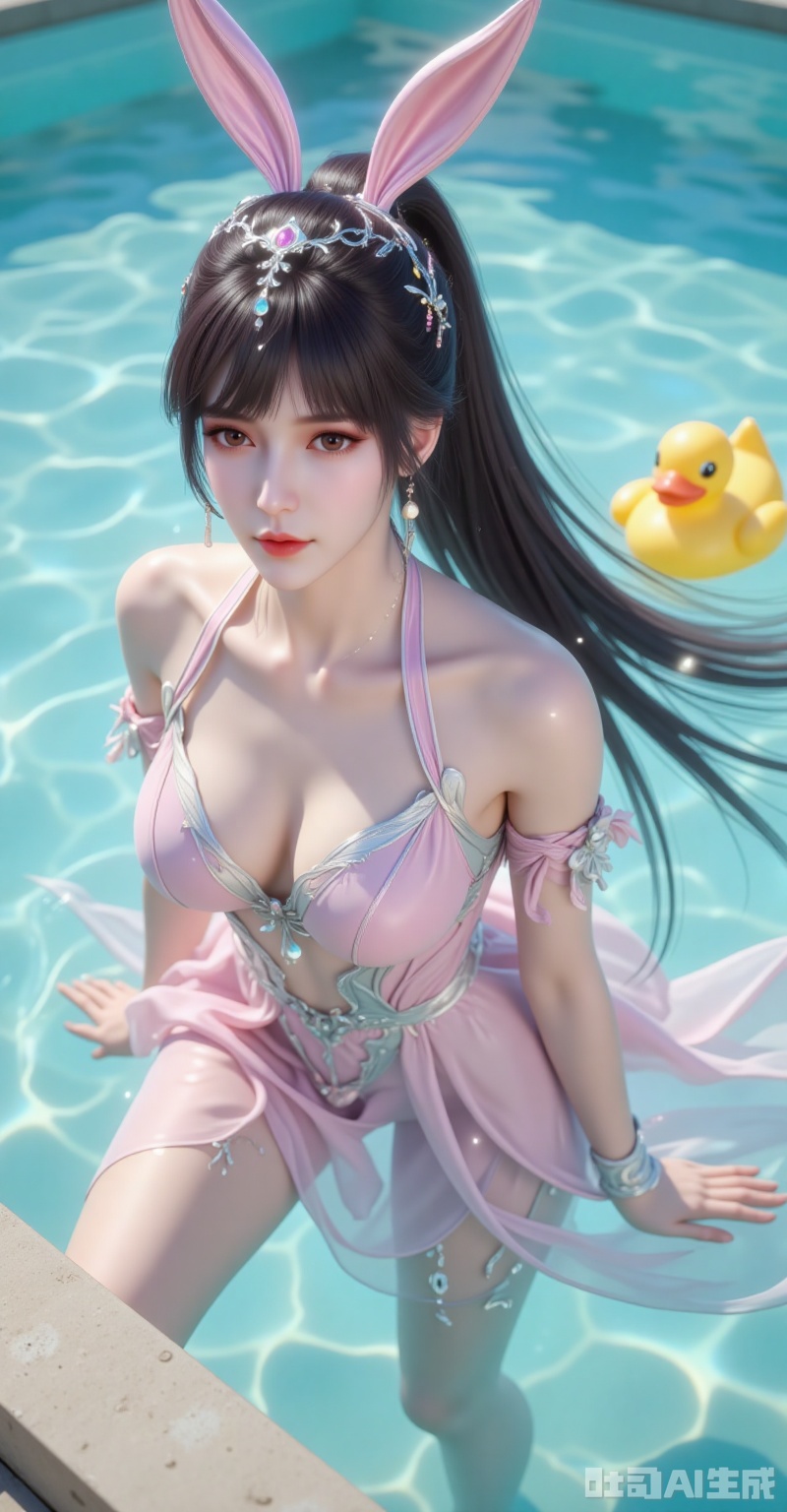 The Valentino pink chiffon dress clings to Xiao Wu's torso as she leans over the infinity pool's edge, her silk-stockinged knees dimpling the water surface. Arri Master Anamorphic 50mm lens at T1.9 renders the floating rubber duck into chromatic aberration halos, while her hair ribbon unfurls like cinema filmstrip across 120fps slow-motion footage. Every pore on her sun-kissed cheeks becomes visible in Phase One IQ4 150MP trichromatic capture. lvjing,xiaowu,rabbit earrings,black hair,long hair,high ponytail,brown eyes,fair_skin,jewelry,earrings,headpiece,