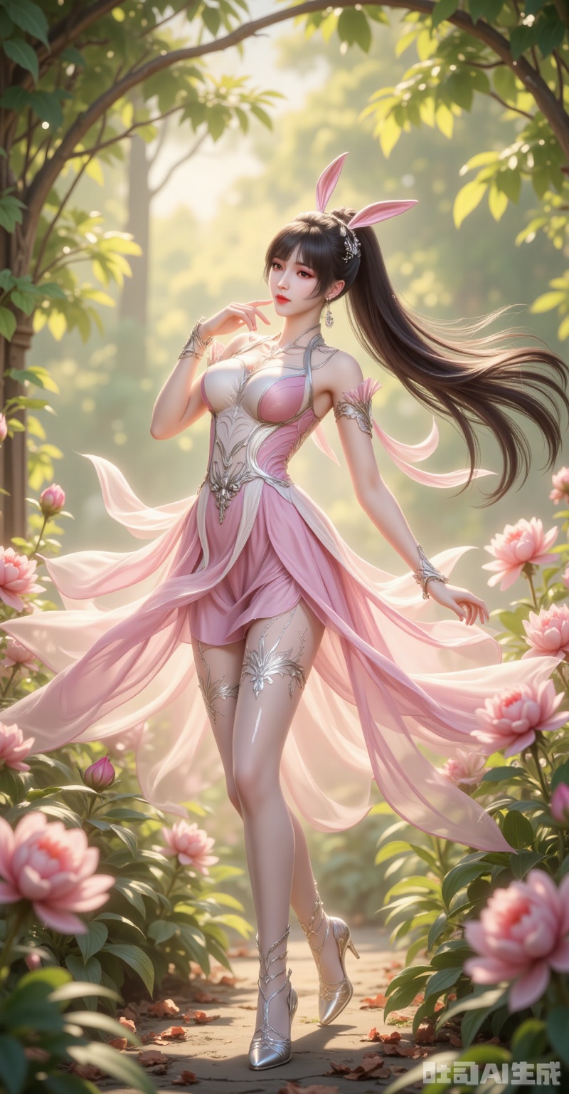 Xiao Wu glides through a sun-dappled garden, her jet-black high ponytail swaying with each step. The pink sundress flutters against her silhouette, while white thigh-highs and crystal heels add a touch of delicate allure. Sunlight filters through vines, casting dappled shadows on her honey-brown eyes as she playfully bites a fingertip—a gesture both innocent and tantalizing. Shot on ARRI Alexa 35 with Zeiss Supreme Primes at T1.5, the extreme low-angle perspective makes her figure tower against a bokeh of blooming peonies. Every detail from the lace trim on her stockings to the dewdrops on nearby petals is rendered in 8K resolution by the Sony ILME-FR7, creating a composition where Baroque opulence meets modern cinematic precision. lvjing,xiaowu,rabbit earrings,black hair,long hair,high ponytail,brown eyes,fair_skin,jewelry,earrings,headpiece,


