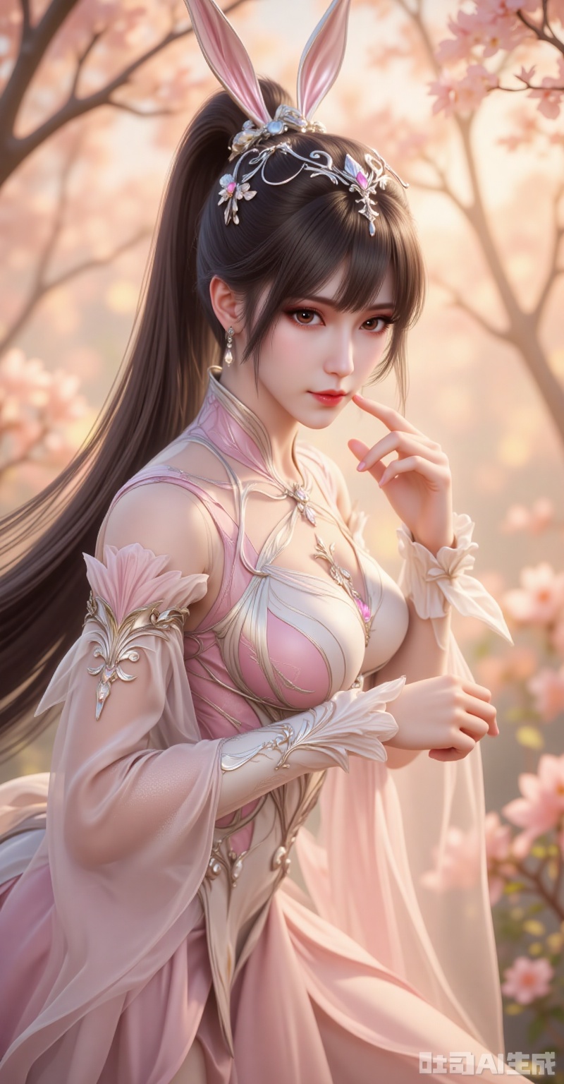 Xiao Wu leans forward slightly, her raven-black hair tied into a high ponytail that cascades like liquid obsidian. Clad in a blush-pink dress adorned with floral vines, the sheer white sleeves cling to her skin, diffusing the golden sunlight. Her hazel eyes glint with playful allure as a fingertip brushes her smirking lips—a silent challenge to the viewer. Shot from a dramatic low angle with a Canon EOS R5 and RF 85mm f/1.2L USM lens, the bokeh transforms the background into a dreamy haze of blossoms and light shafts. Every pore and eyelash is rendered in 8K clarity, her pose meticulously framed to dominate the rule-of-thirds grid, embodying a fusion of anime fantasy and Renaissance portraiture. lvjing,xiaowu,rabbit earrings,black hair,long hair,high ponytail,brown eyes,fair_skin,jewelry,earrings,headpiece,