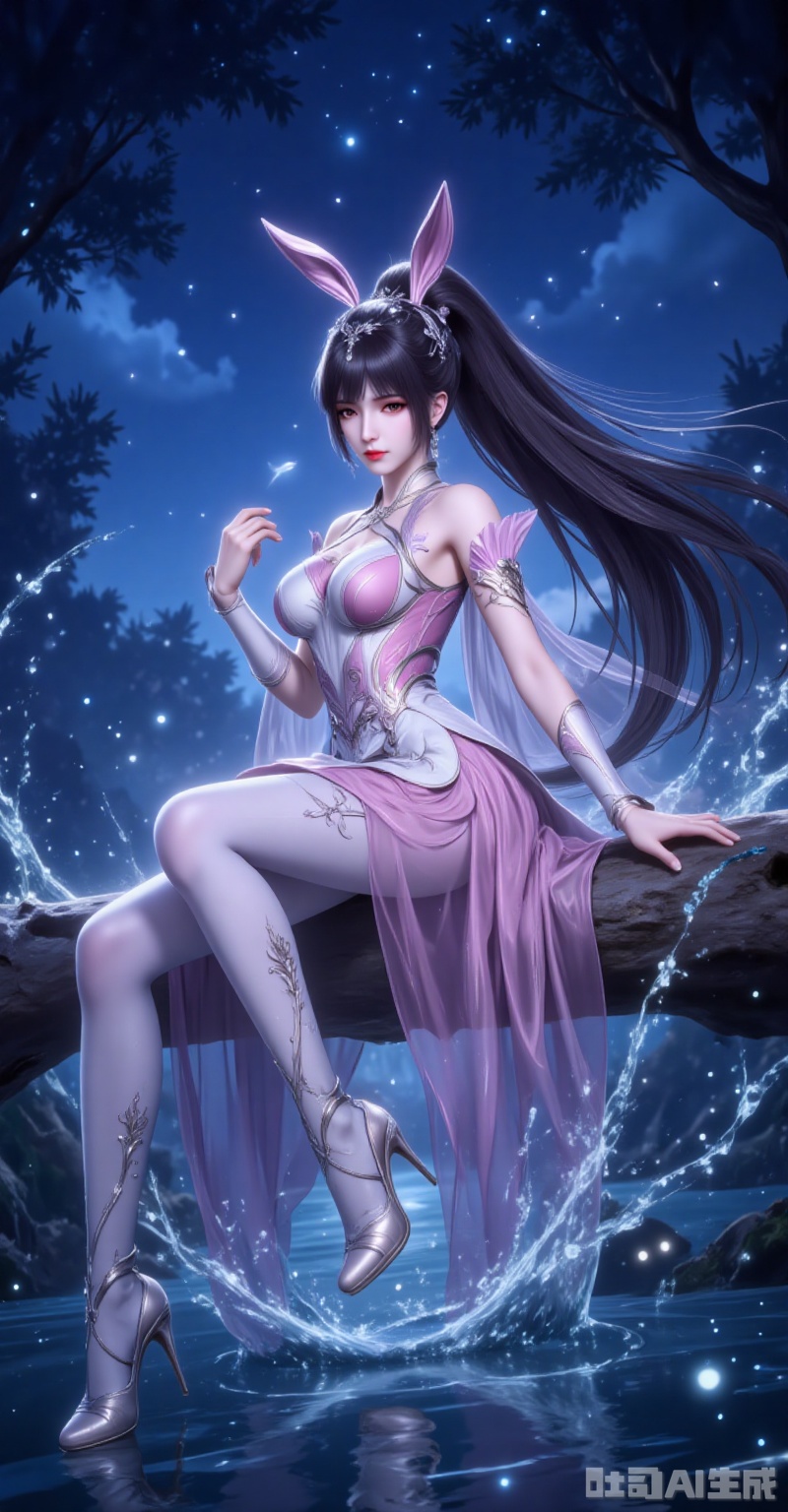 ,xiaowu,1girl, animal ears, rabbit ears, ponytail, splashing, night, water, high heels, solo, dress, long hair, sky, sparkle, hair ornament, sitting, tree, night sky, black hair,white_pantyhose, closed mouth, full body, leg up, pink dress, lvjing,xiaowu,rabbit earrings,black hair,long hair,high ponytail,brown eyes,fair_skin,jewelry,earrings,headpiece,lvjing,