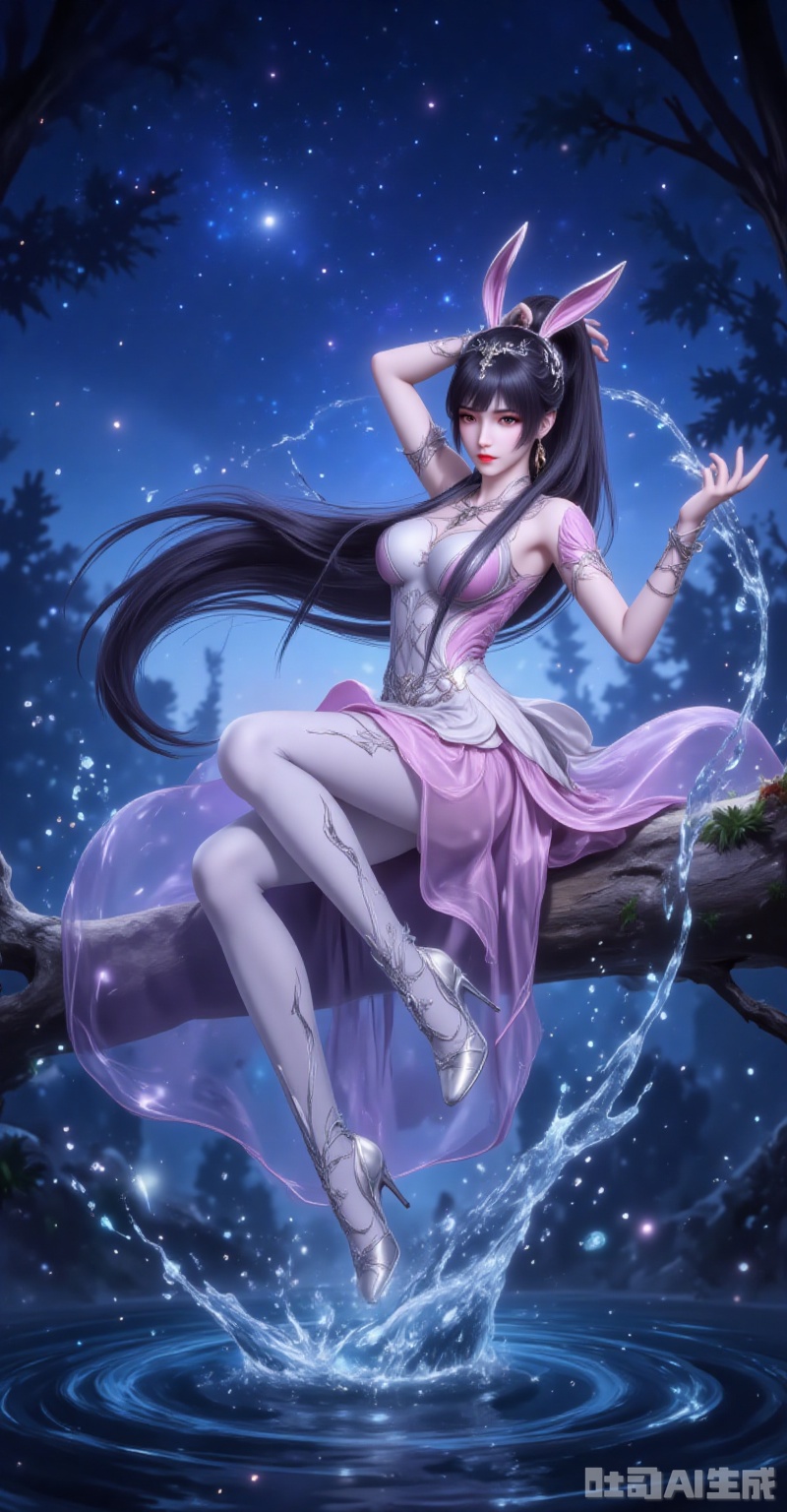 ,xiaowu,1girl, animal ears, rabbit ears, ponytail, splashing, night, water, high heels, solo, dress, long hair, sky, sparkle, hair ornament, sitting, tree, night sky, black hair,white_pantyhose, closed mouth, full body, leg up, pink dress, lvjing,xiaowu,rabbit earrings,black hair,long hair,high ponytail,brown eyes,fair_skin,jewelry,earrings,headpiece,lvjing,
