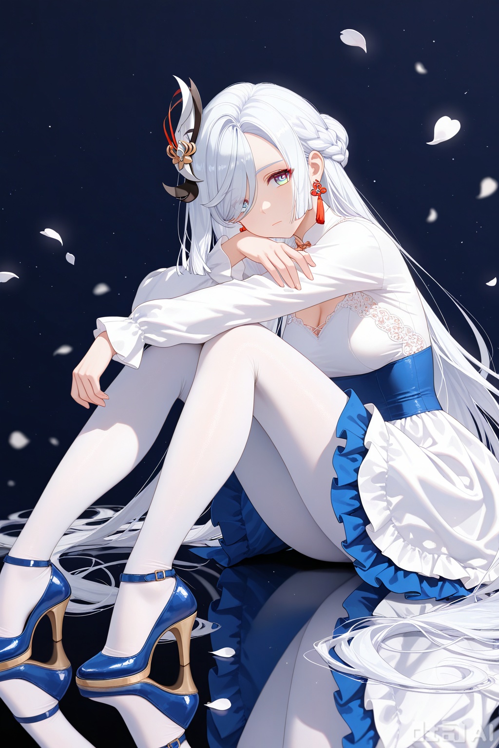 1girl, solo, long hair, looking at viewer, bangs, blue eyes, hair ornament, long sleeves, dress, jewelry, sitting, very long hair, closed mouth, full body, braid, flower, white hair, pantyhose, earrings, frills, white dress, hair over one eye, high heels, legs, petals, reflection, white pantyhose, blue footwear, head rest, reflective floor, shenhe \(genshin impact\) , masterpiece,extremely delicate and beautiful,best quality,artistic style,fashionable,cool and fashionable,masterpiece,best quality,good quality,very aesthetic,A shot with tension,impactful picture,offcial art,extremely delicate and beautiful,amazing quality,32K UHD,absurdres,newest,(simple_background:1.2),blurry,masterpiece,(full_shot:1.2),(close-up:1.2),Ink wash painting,(lineart),(lineart),(lineart),photorealistic,eyes_focus,eye-contact,(depth_of_field:1.2),