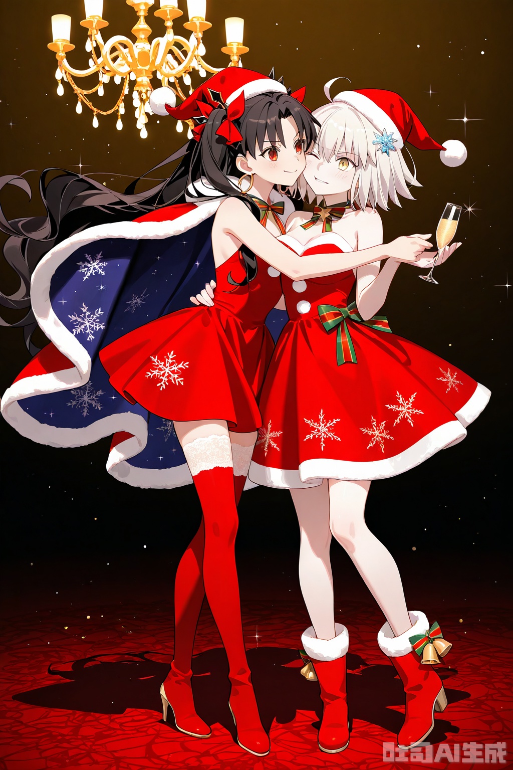 fujimaru ritsuka (female), 2girls, jeanne d'arc alter (fate), ishtar (fate), dancing, (christmas_dress), breasts, (interlocked_hands), twin_ahoge, (red_and_gold_hair), (ruby_eyes), (santa_hat), (fur-trimmed_boots), (silk_stockings), (snowflake_hairpin), (velvet_cape), (ballroom_floor), (chandelier_light), (glowing_ornaments), (cheek_to_cheek), (sparkling_champagne_glass)