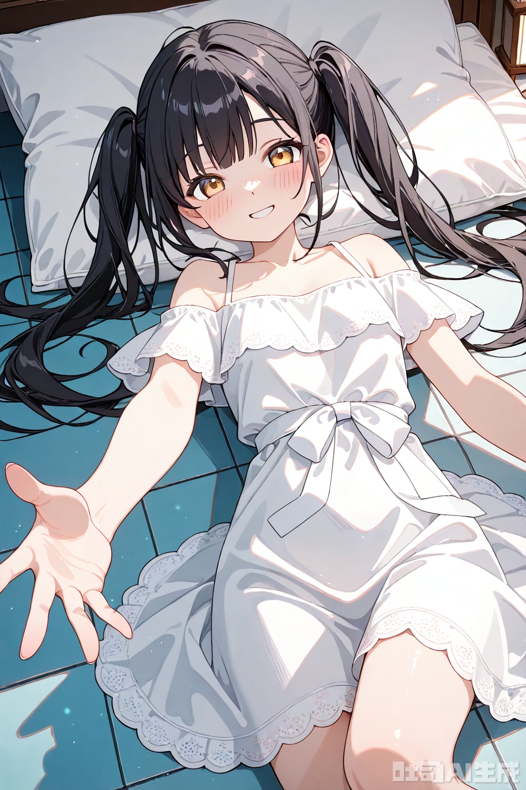 (1girl),oval face,fair_skin,(full_shot),looking_at_viewer,(off-shoulder_dress),(available light),bedroom,tile_floor,sun,day,ojousama,long hair,black hair,((twintails)),anime_style_blush,Slightly_open_mouth,(lying),reaching_out,((smile)),