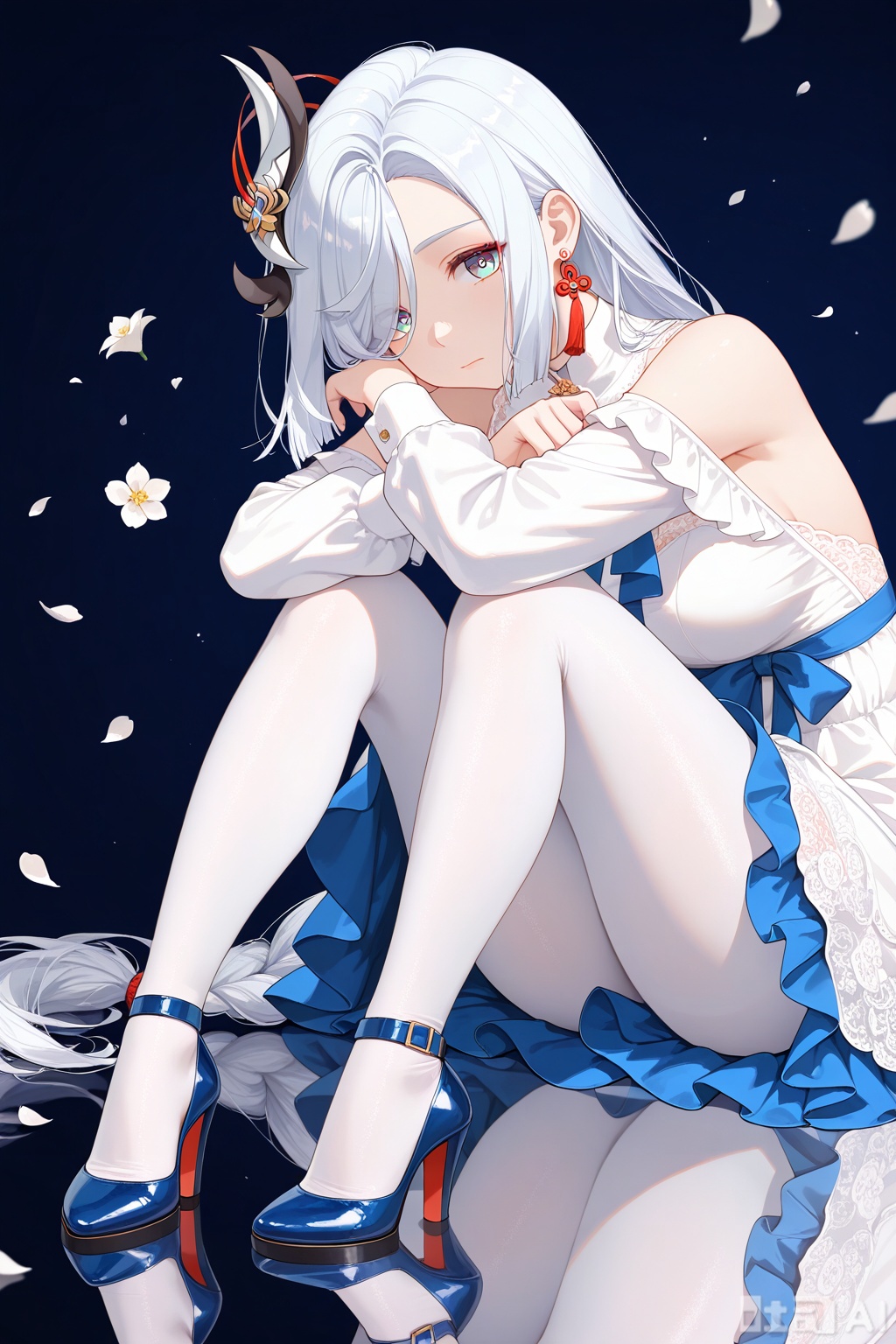 1girl, solo, long hair, looking at viewer, bangs, blue eyes, hair ornament, long sleeves, dress, jewelry, sitting, very long hair, closed mouth, full body, braid, flower, white hair, pantyhose, earrings, frills, white dress, hair over one eye, high heels, legs, petals, reflection, white pantyhose, blue footwear, head rest, reflective floor, shenhe \(genshin impact\) , masterpiece,extremely delicate and beautiful,best quality,artistic style,fashionable,cool and fashionable,masterpiece,best quality,good quality,very aesthetic,A shot with tension,impactful picture,offcial art,extremely delicate and beautiful,amazing quality,32K UHD,absurdres,newest,(simple_background:1.2),blurry,masterpiece,(full_shot:1.2),(close-up:1.2),Ink wash painting,(lineart),(lineart),(lineart),photorealistic,eyes_focus,eye-contact,(depth_of_field:1.2),