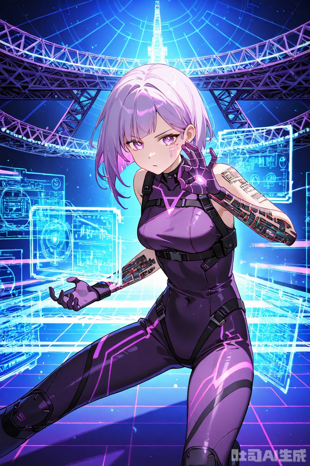 (1girl), angular_face, cybernetic_skin, (power_stance), (tactical_bodysuit), (holographic_interface), (starship_bridge), warning_lights, augmented_eyes, asymmetric_cut, neon_purple, ((circuit_tattoos)), (commanding_gesture), (energy_blade)