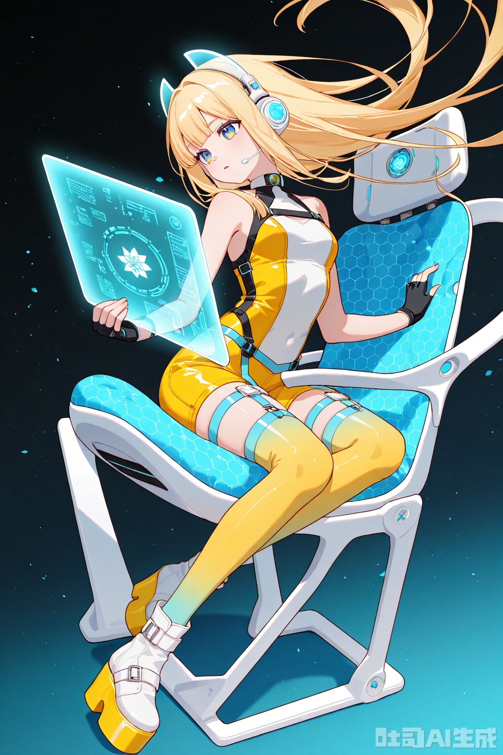 1girl, honey_blonde_hair, solo, (neon_blue_eyes), (fingerless_gloves), waist-length_hair, (gradient_stockings), (high-tech_maid_dress), (floating_hologram), cyber_orchid, (direct_eye_contact), (platform_boots), (circuit_pattern_gloves), (hover_chair), (light-up_shoes), (glowing_rose), (ergonomic_seat), (parallel_thighs), (sleeveless_jumpsuit), full_body_shot, (neo-tokyo_view), (LED_garter_belt), (transparent_headset), (bionic_bonsai), (holding_tablet)