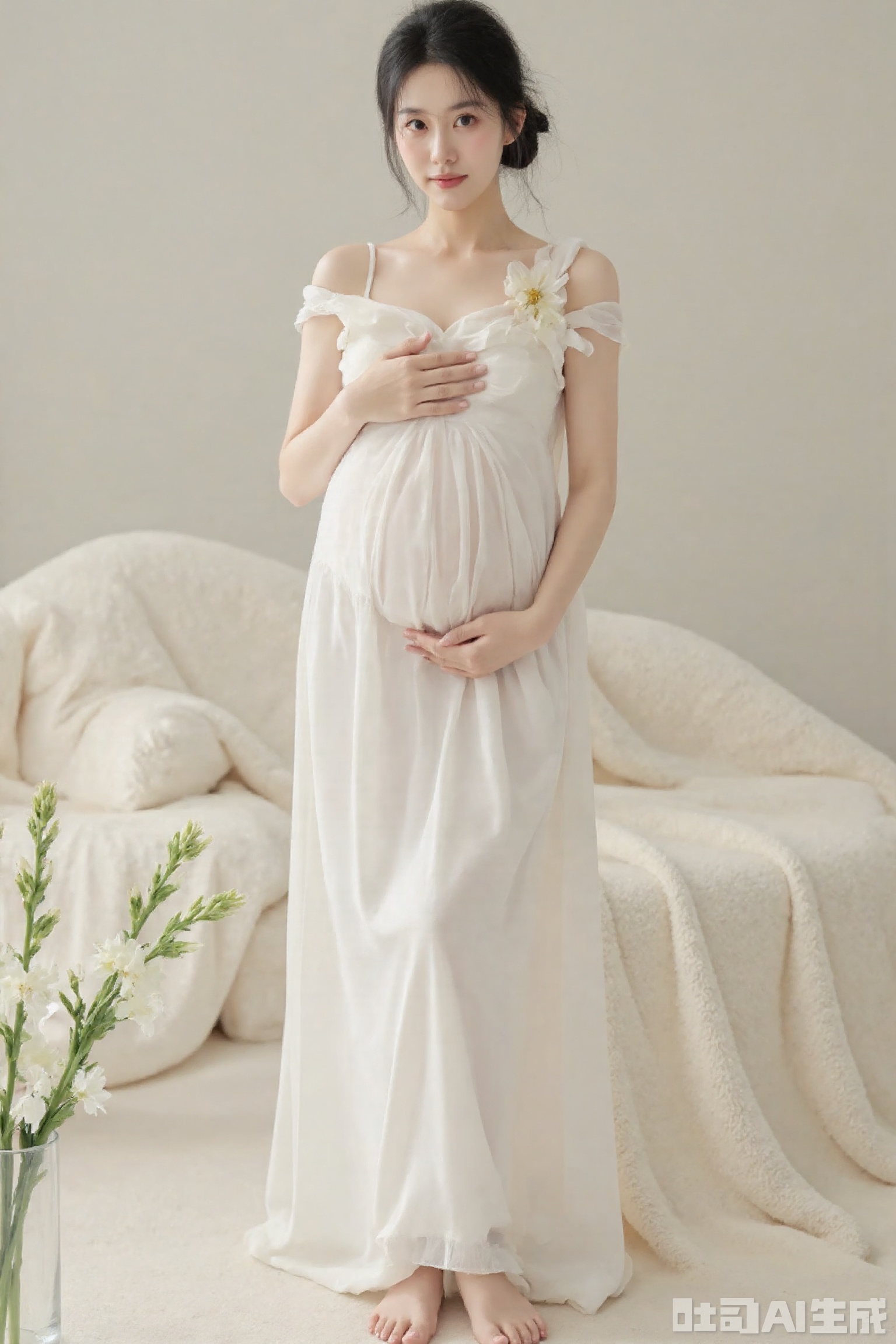 1girl, solo, looking at viewer, black hair, dress, bare shoulders, standing, full body, flower, barefoot, indoors, hair bun, white dress, white flower, hand on own chest, realistic, fine art parody,Pregnant