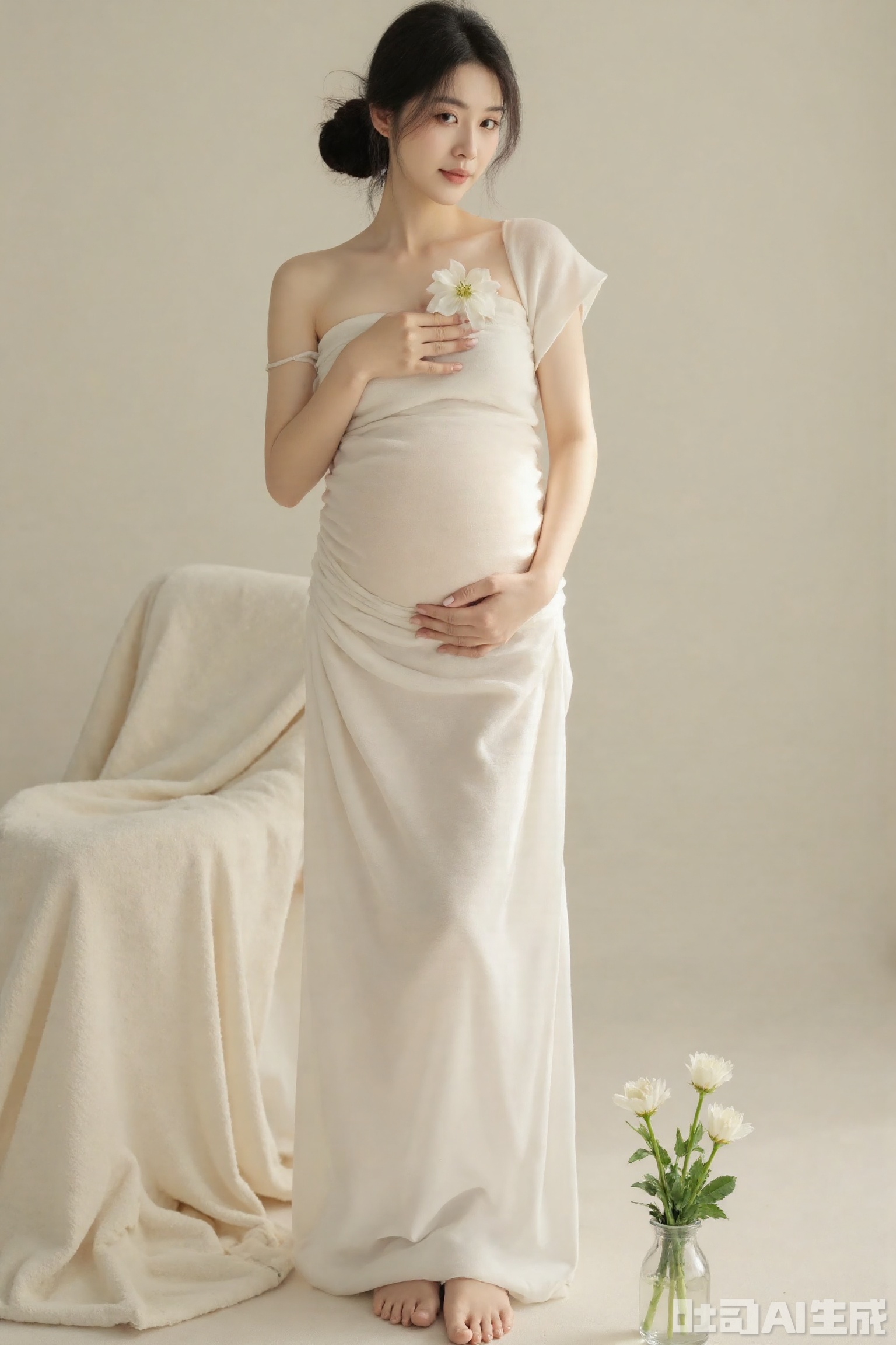 1girl, solo, looking at viewer, black hair, dress, bare shoulders, standing, full body, flower, barefoot, indoors, hair bun, white dress, white flower, hand on own chest, realistic, fine art parody,Pregnant