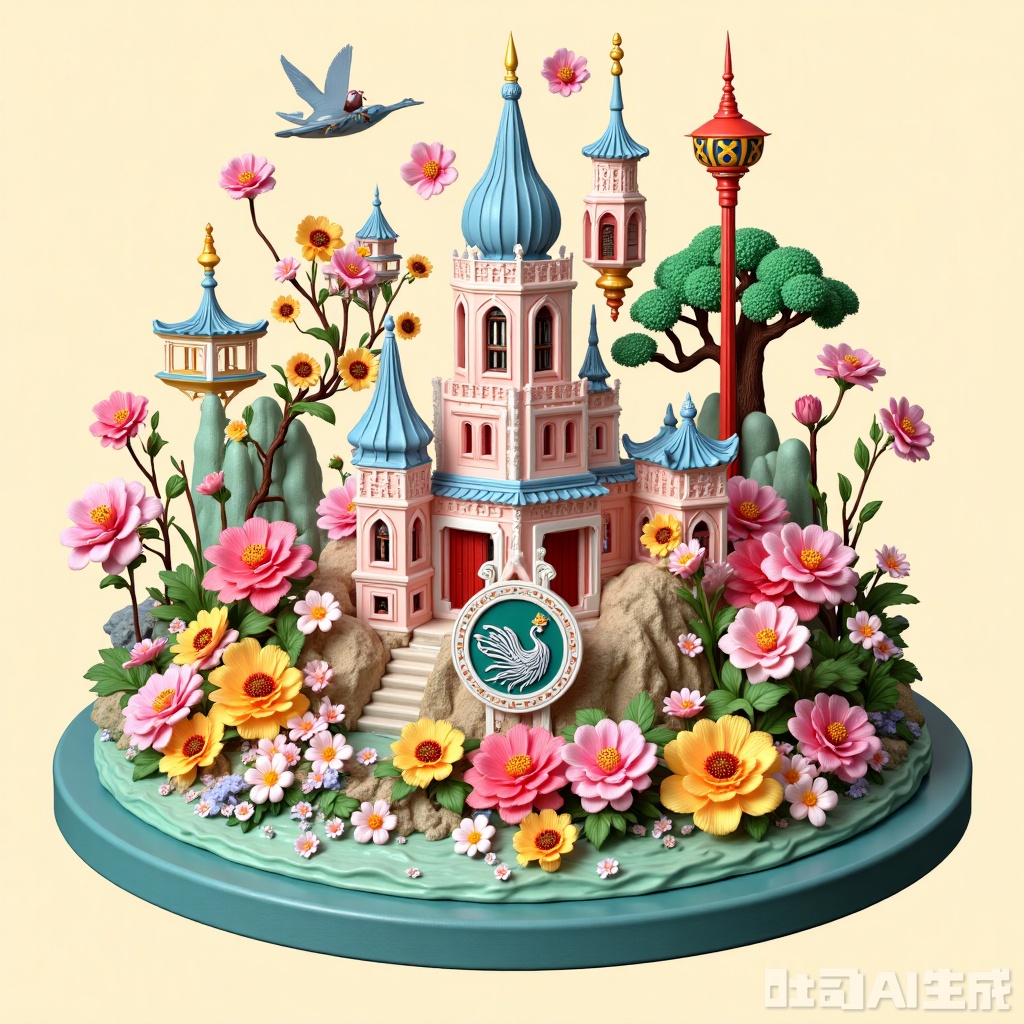 Silk-painting,A small scene in clay style,The image depicts a whimsical and colorful scene centered around a miniature, intricate model of a castle surrounded by vibrant flowers. The castle is constructed with light blue and pink hues, featuring domed towers and arched windows. It is set on a circular platform, which is surrounded by a variety of flowers, including roses, peonies, and other blossoms in shades of pink, yellow, and red. The platform is situated in a body of water, with a small decorative plaque featuring a peacock design placed in front of the castle. In the background, there are additional decorative elements such as a pagoda, trees, and a small structure resembling a traditional Asian-style lantern. The entire scene is rendered in a highly detailed and artistic style, with a focus on vibrant colors and intricate details.