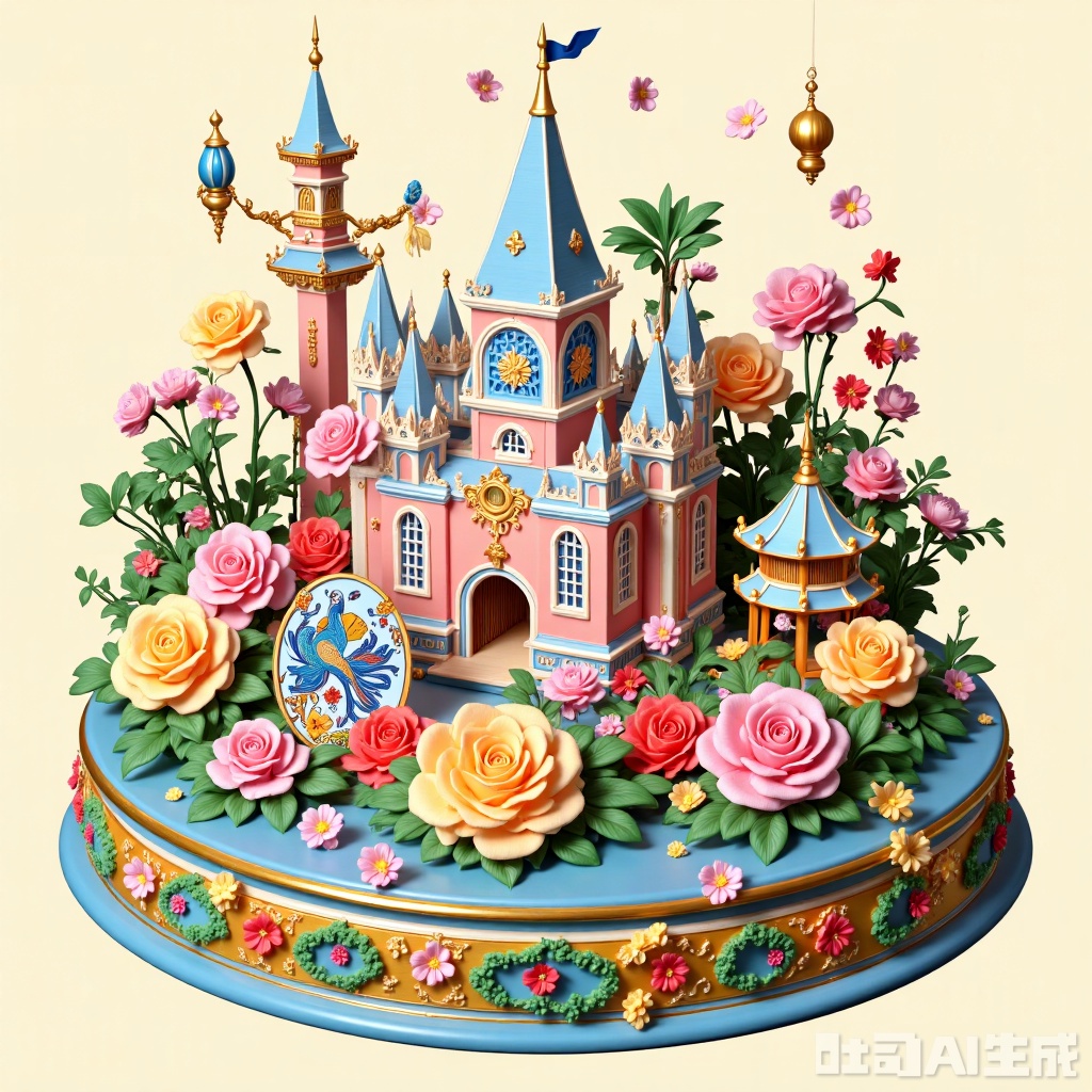 Silk-painting,A small scene in clay style,The image depicts a whimsical and colorful scene centered around a miniature, intricate model of a castle surrounded by vibrant flowers. The castle is constructed with light blue and pink hues, featuring domed towers and arched windows. It is set on a circular platform, which is surrounded by a variety of flowers, including roses, peonies, and other blossoms in shades of pink, yellow, and red. The platform is situated in a body of water, with a small decorative plaque featuring a peacock design placed in front of the castle. In the background, there are additional decorative elements such as a pagoda, trees, and a small structure resembling a traditional Asian-style lantern. The entire scene is rendered in a highly detailed and artistic style, with a focus on vibrant colors and intricate details.