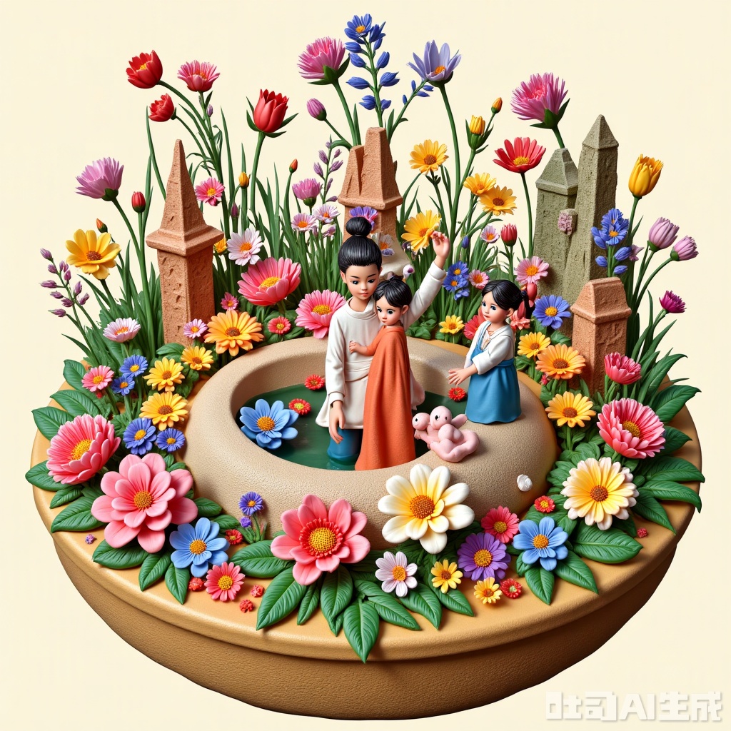 Silk-painting,A small scene in clay style
