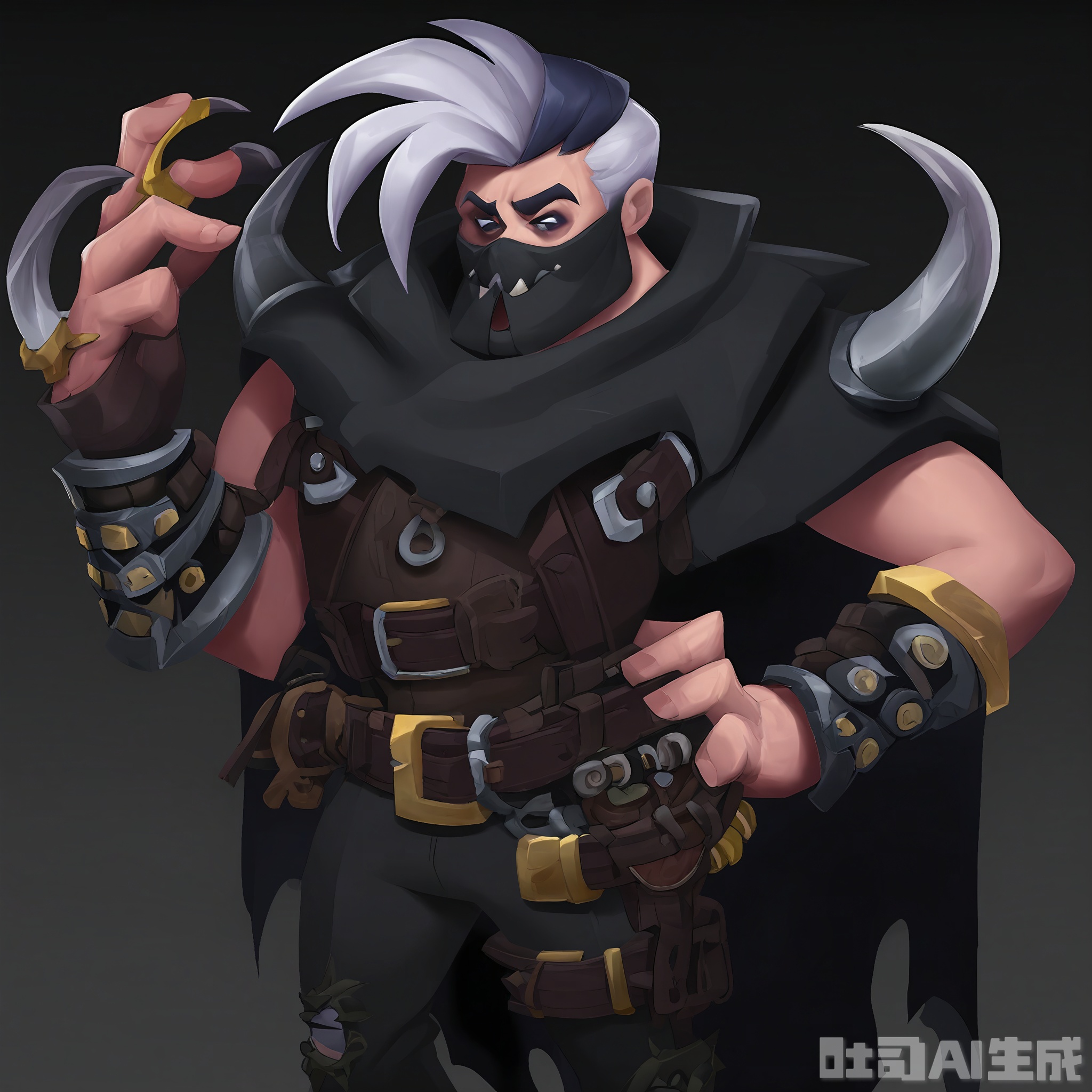 OMHT, A spirited digital illustration of a sly rogue with a sharp, cunning look in his eyes, wearing a black leather suit and a dark cloak. He holds a pair of daggers in his right and left hands and has a small, black mask covering the lower half of his face. His hair is sleek and black, and a small, silver lockpick hangs from his belt. The background is a simple black, emphasizing the rogue's stealthy appearance. The style is cartoonish and full of intrigue.