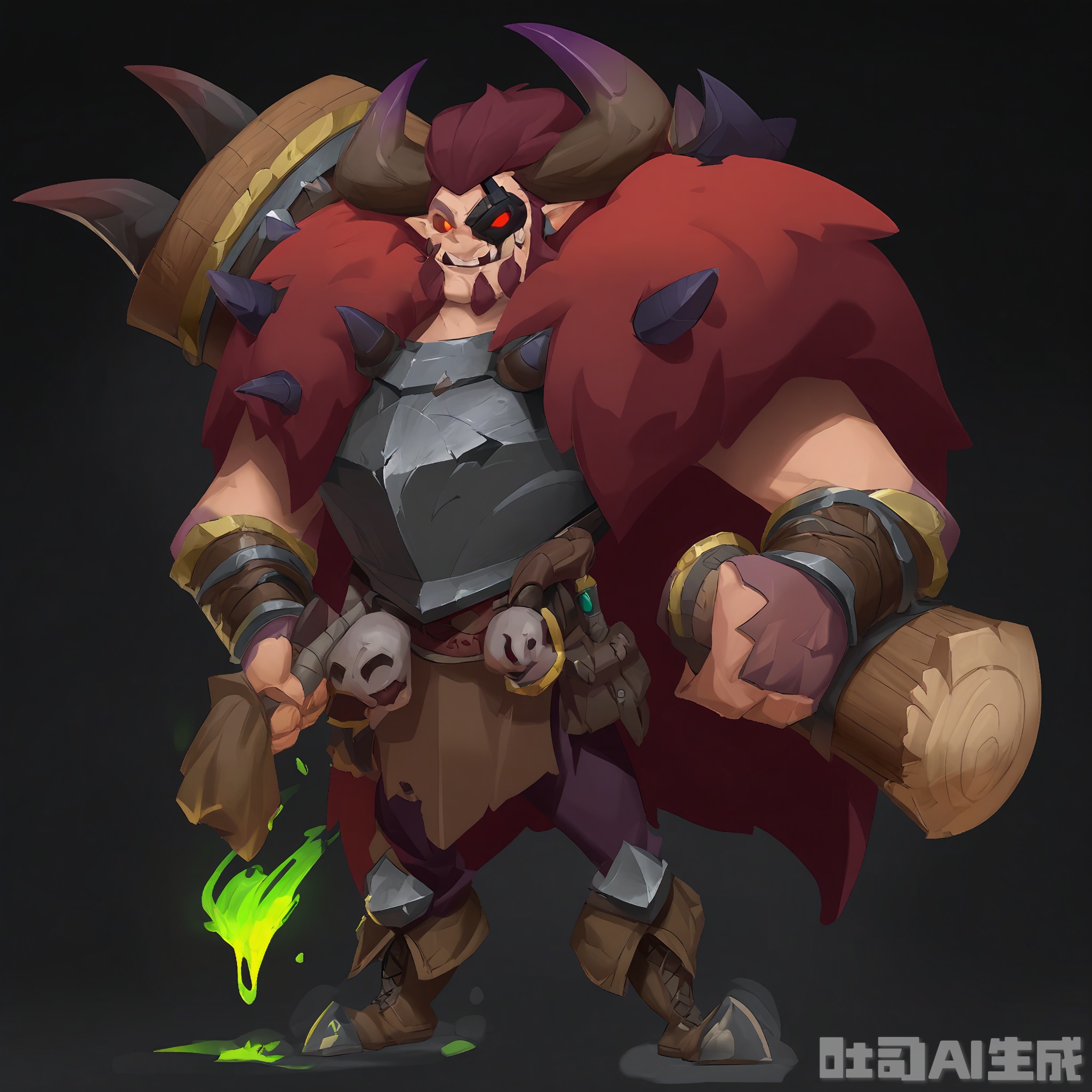 OMHT, A digital illustration of a towering, armored ogre character carrying a massive club, set against a black background. The ogre has a green and brown color scheme, with a large, glowing red eye patch covering one eye. They are accompanied by two small, purple, bat-like creatures hanging from their ears. The ogre is dressed in a tattered fur cloak with a metal breastplate and a pair of large boots, and they hold the club in their right hand. The club has a rough wooden head with spikes and a thick handle. The overall art style is brutish and imposing, with a monstrous fantasy theme.

