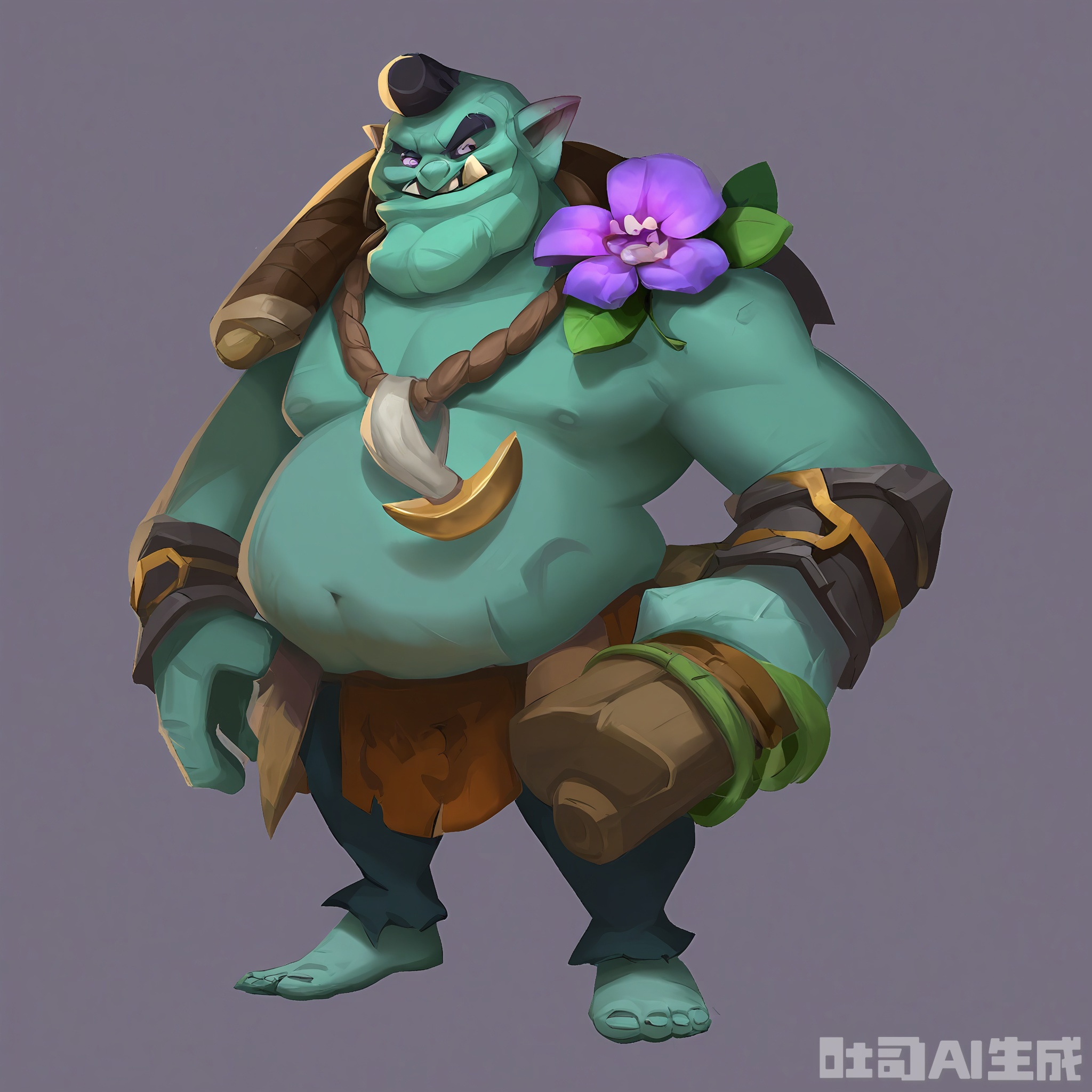 OMHT, A lively digital illustration of a friendly ogre with a green, wrinkled face and a big, round belly, wearing a loincloth made of leaves. It holds a massive club in its right hand and has a necklace of animal teeth around its neck. Its eyes are kind and gentle, and a small, purple flower is tucked behind its ear. The background is a plain black, highlighting the ogre's gentle giant nature. The style is whimsical and endearing.


