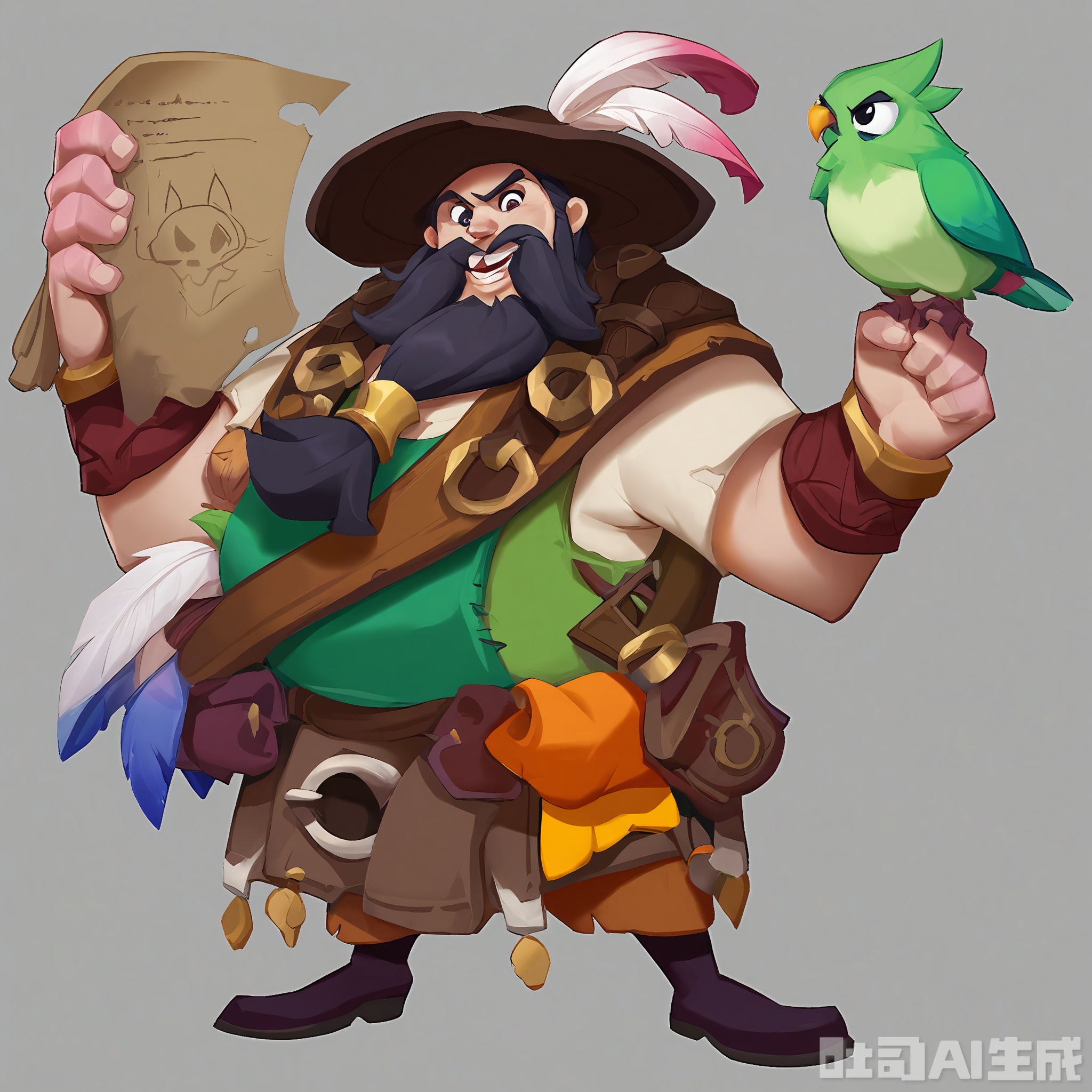 OMHT, A vibrant digital illustration of a cheerful bard with a long, flowing beard and a twinkle in his eye, wearing a colorful tunic and a hat with feathers. He holds a lute in his right hand and has a songbook in his left. His face is full of joy as he plays, and a small, green bird sings along. The background is a plain black, making the bard's lively performance stand out. The style is whimsical and musical.