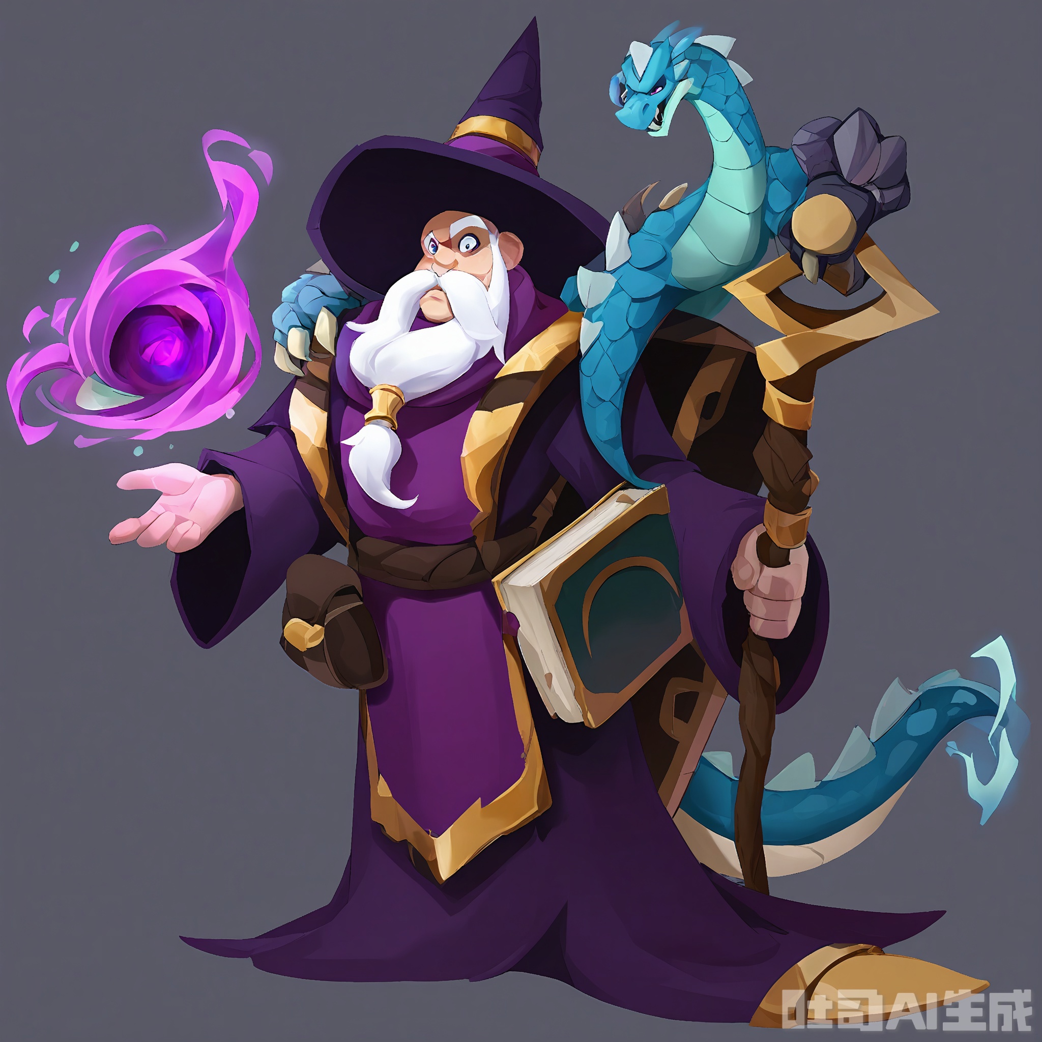 OMHT, A dynamic digital illustration of a wise old sorcerer with a long, white beard and a tall, pointed hat, wearing a purple robe with gold trim. He holds a staff with a swirling purple orb at the top in his right hand and has a book of spells in his left. His eyes are deep and knowing, and a small, blue dragon perches on his shoulder. The background is a simple black, making the sorcerer's magical aura stand out. The style is cartoonish and full of mystery.