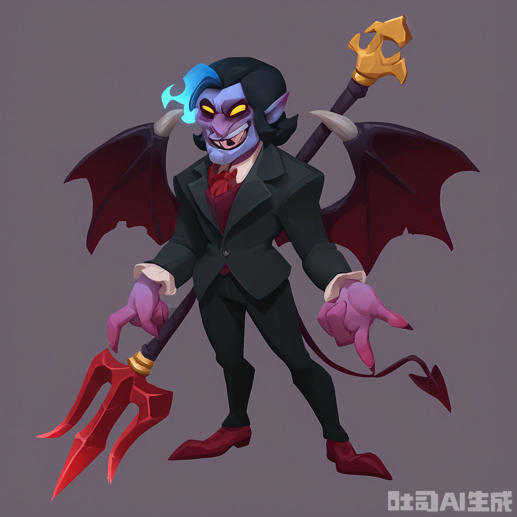 OMHT, A lively digital illustration of a mischievous imp with small, bat-like wings and a pointy tail, wearing a red and black suit. It holds a small, forked trident in its right hand and has a smirk on its face. Its eyes glow red, and a tiny, black cat follows closely behind. The background is a simple black, highlighting the imp's devilish charm. The style is cartoonish and full of mischief.
