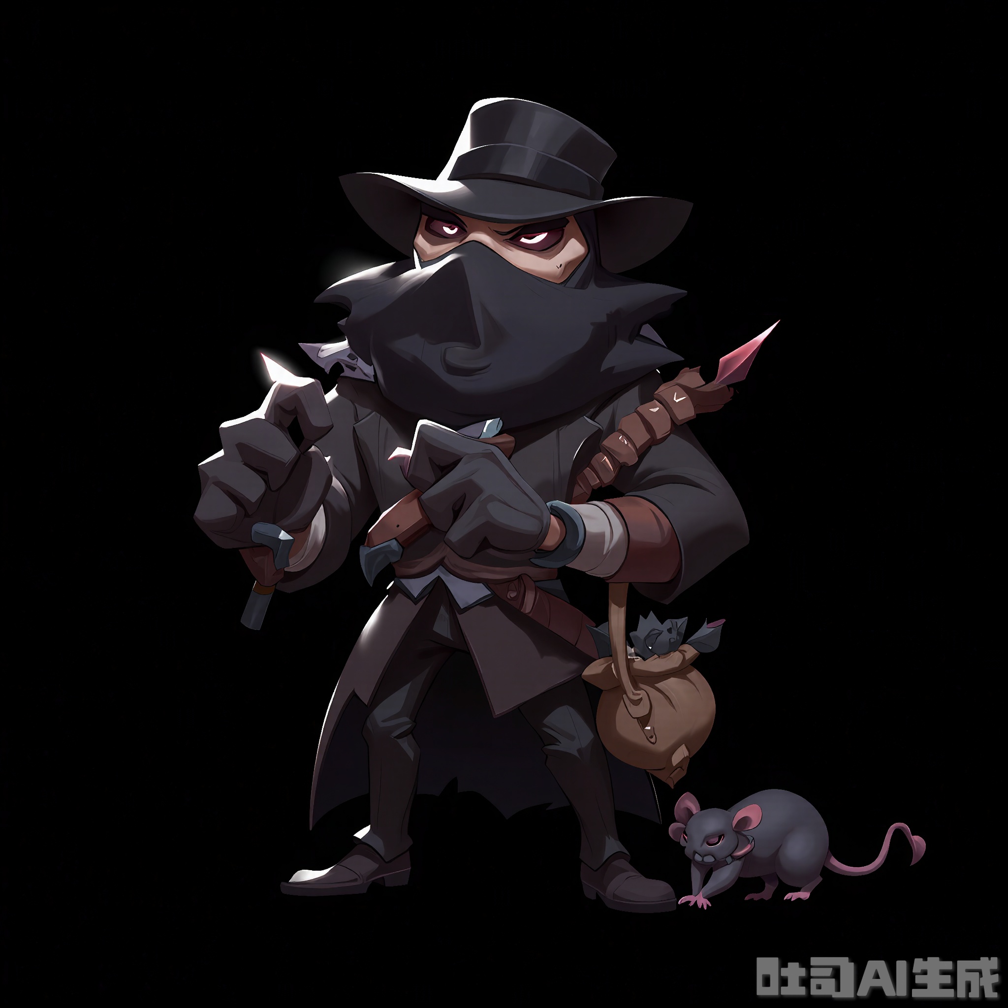 OMHT, A spirited digital illustration of a cunning thief with a mask covering his face and a sleek, black suit, wearing a pair of gloves with fingerless ends. He holds a lockpick in his right hand and has a small, leather pouch filled with stolen goods at his side. His eyes dart around suspiciously, and a small, black rat scurries beside him. The background is a simple black, highlighting the thief's stealthy nature. The style is cartoonish and full of suspense.
