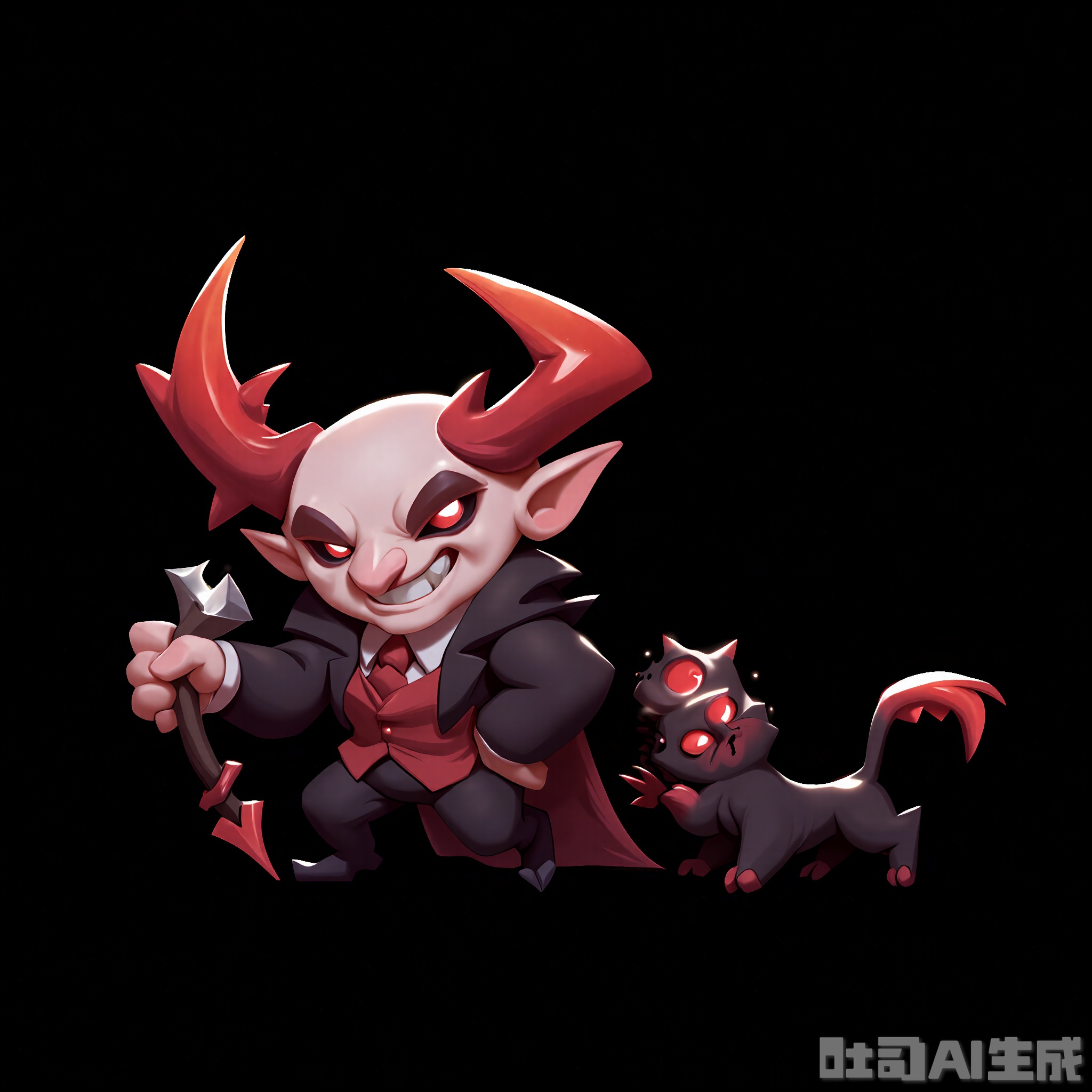 OMHT, A lively digital illustration of a mischievous imp with small, bat-like wings and a pointy tail, wearing a red and black suit. It holds a small, forked trident in its right hand and has a smirk on its face. Its eyes glow red, and a tiny, black cat follows closely behind. The background is a simple black, highlighting the imp's devilish charm. The style is cartoonish and full of mischief.
