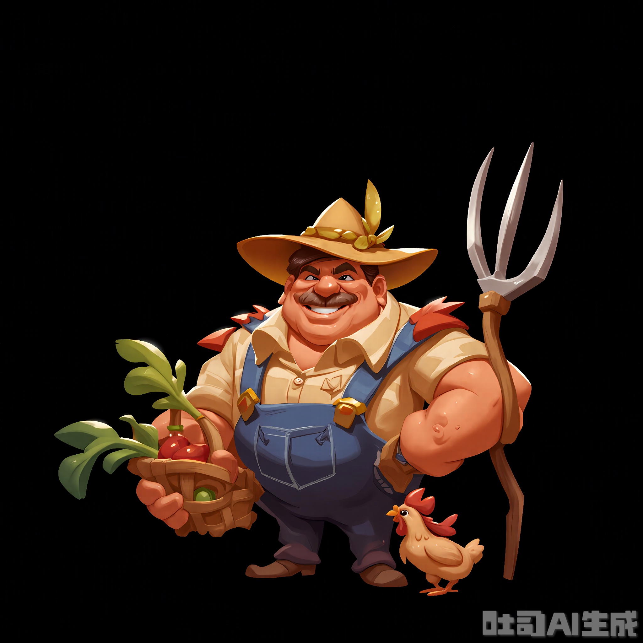 OMHT, A vibrant digital illustration of a cheerful farmer with a straw hat and a friendly smile, wearing overalls and a checkered shirt. He holds a pitchfork in his right hand and has a basket of fresh vegetables at his side. His face is sunburned and happy, and a small, brown chicken clucks beside him. The background is a plain black, making the farmer's down-to-earth charm stand out. The style is whimsical and full of rural charm.
