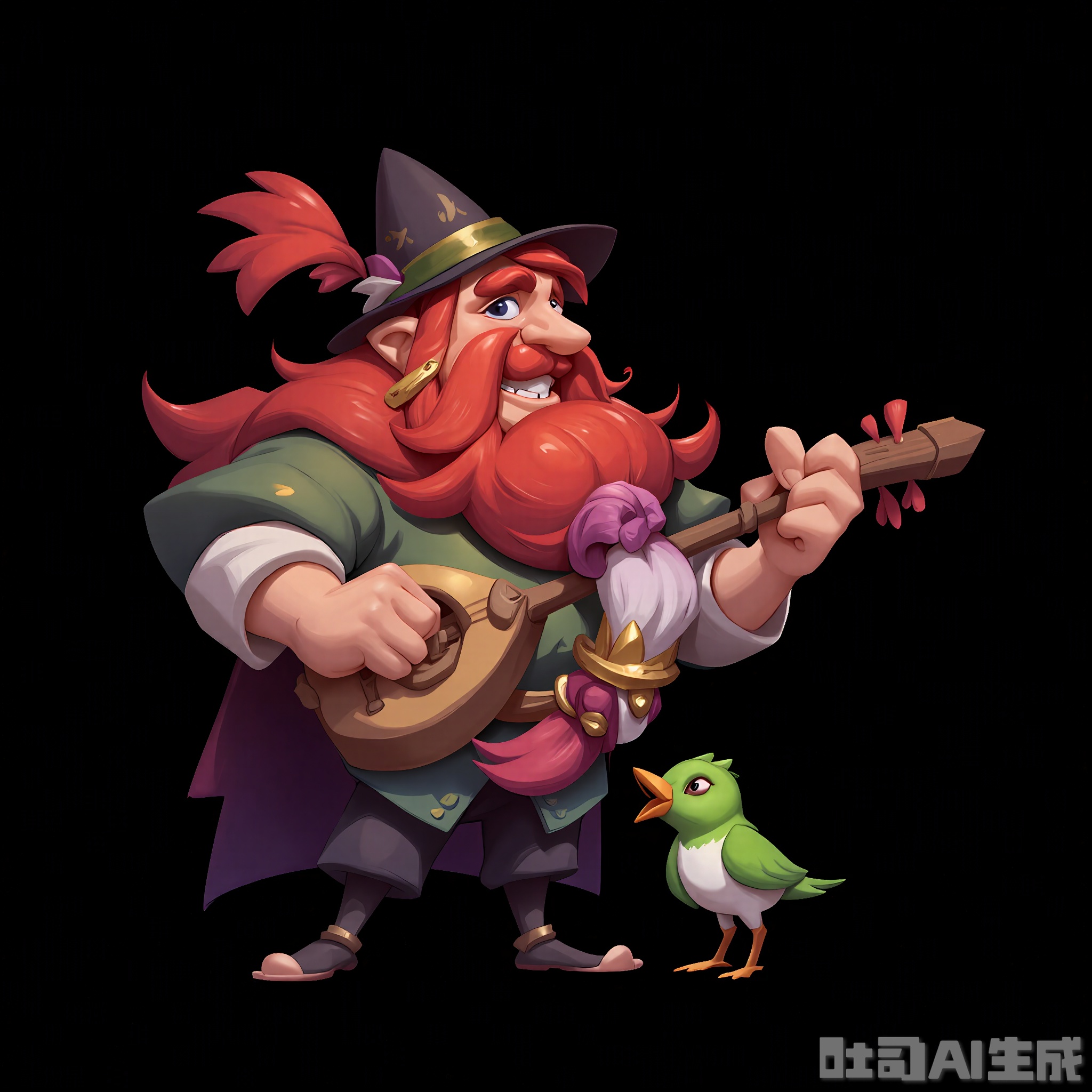 OMHT, A vibrant digital illustration of a cheerful bard with a long, flowing beard and a twinkle in his eye, wearing a colorful tunic and a hat with feathers. He holds a lute in his right hand and has a songbook in his left. His face is full of joy as he plays, and a small, green bird sings along. The background is a plain black, making the bard's lively performance stand out. The style is whimsical and musical.
