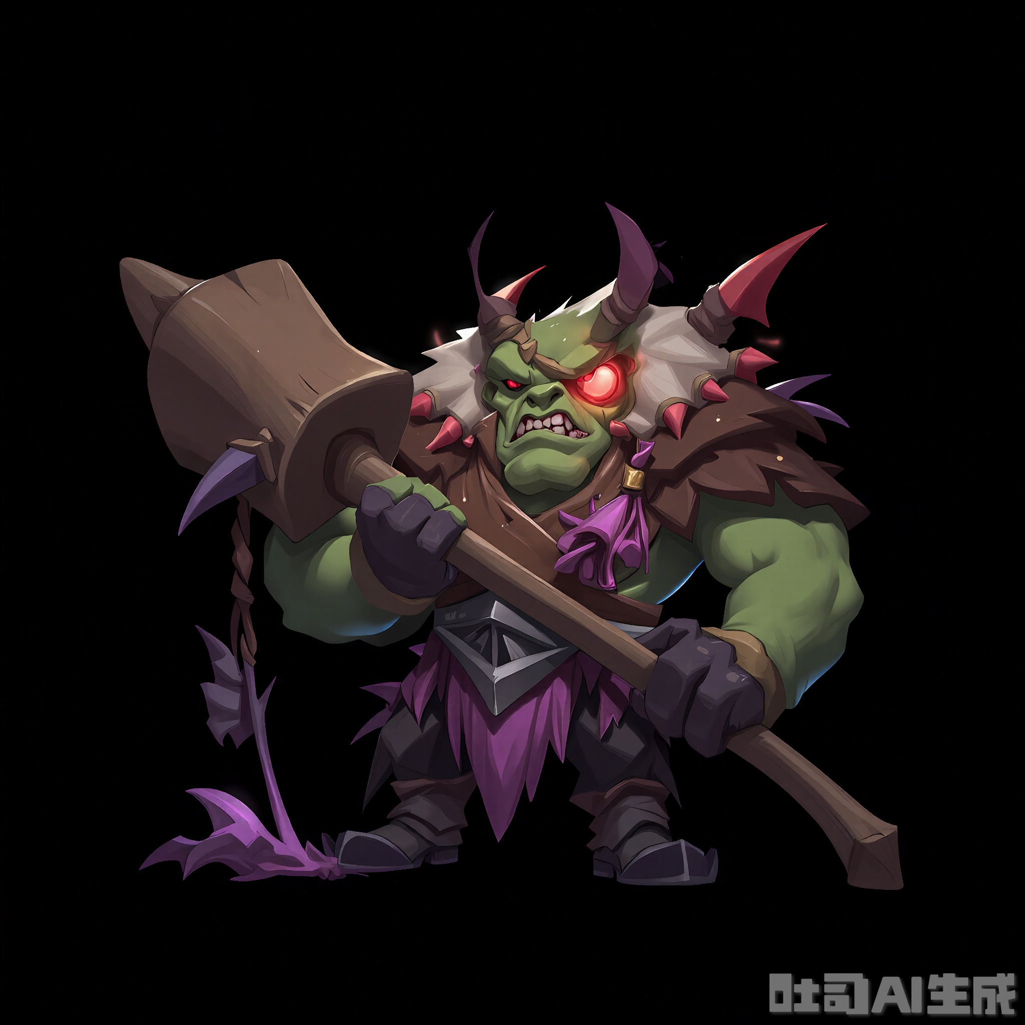 OMHT, A digital illustration of a towering, armored ogre character carrying a massive club, set against a black background. The ogre has a green and brown color scheme, with a large, glowing red eye patch covering one eye. They are accompanied by two small, purple, bat-like creatures hanging from their ears. The ogre is dressed in a tattered fur cloak with a metal breastplate and a pair of large boots, and they hold the club in their right hand. The club has a rough wooden head with spikes and a thick handle. The overall art style is brutish and imposing, with a monstrous fantasy theme.

