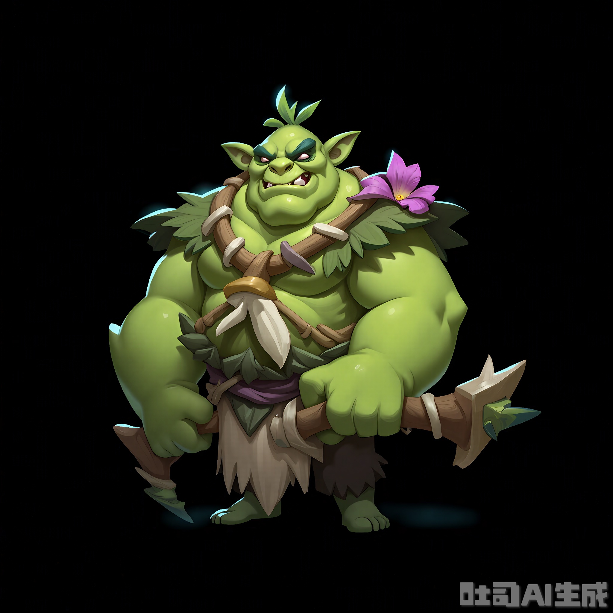 OMHT, A lively digital illustration of a friendly ogre with a green, wrinkled face and a big, round belly, wearing a loincloth made of leaves. It holds a massive club in its right hand and has a necklace of animal teeth around its neck. Its eyes are kind and gentle, and a small, purple flower is tucked behind its ear. The background is a plain black, highlighting the ogre's gentle giant nature. The style is whimsical and endearing.
