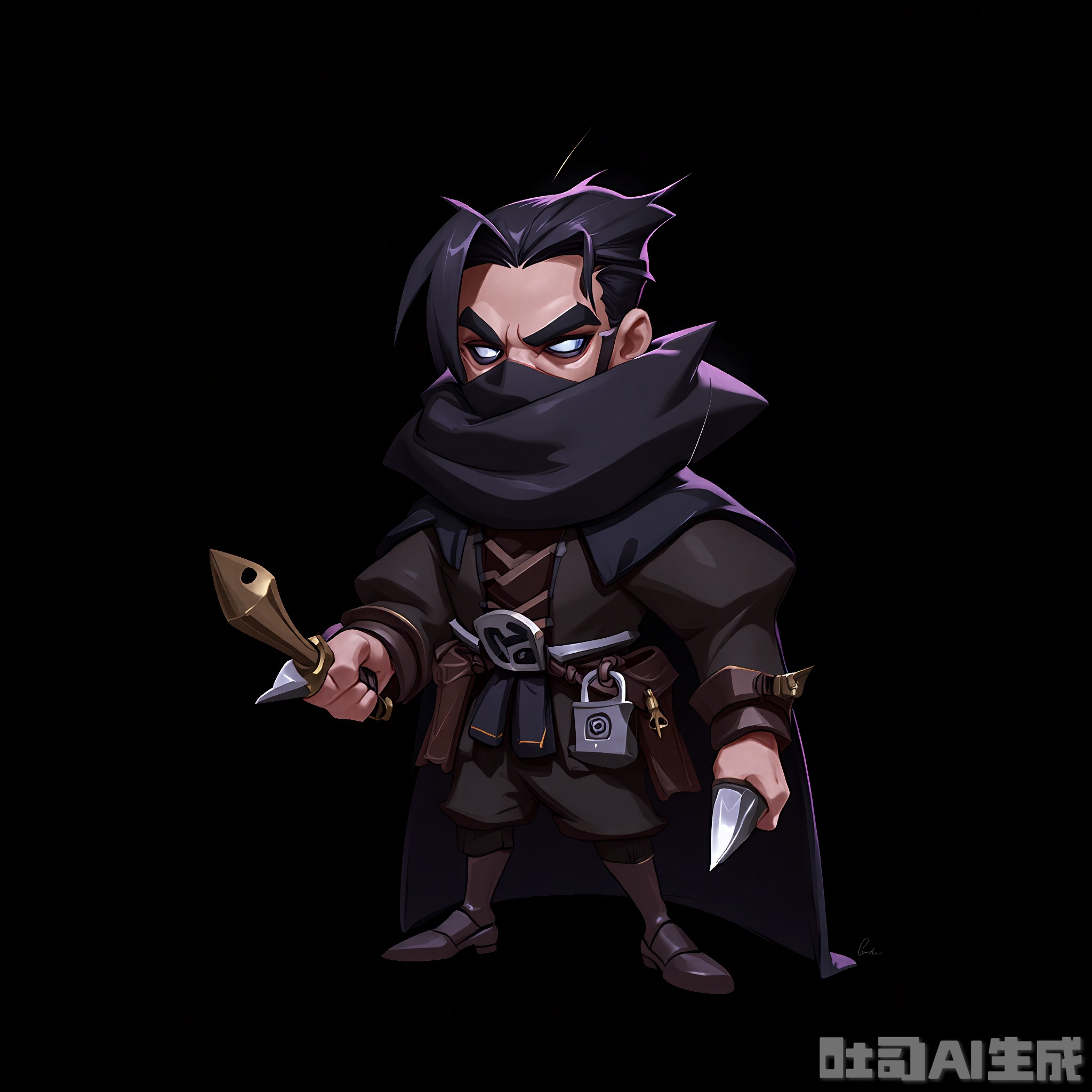 OMHT, A spirited digital illustration of a sly rogue with a sharp, cunning look in his eyes, wearing a black leather suit and a dark cloak. He holds a pair of daggers in his right and left hands and has a small, black mask covering the lower half of his face. His hair is sleek and black, and a small, silver lockpick hangs from his belt. The background is a simple black, emphasizing the rogue's stealthy appearance. The style is cartoonish and full of intrigue.
