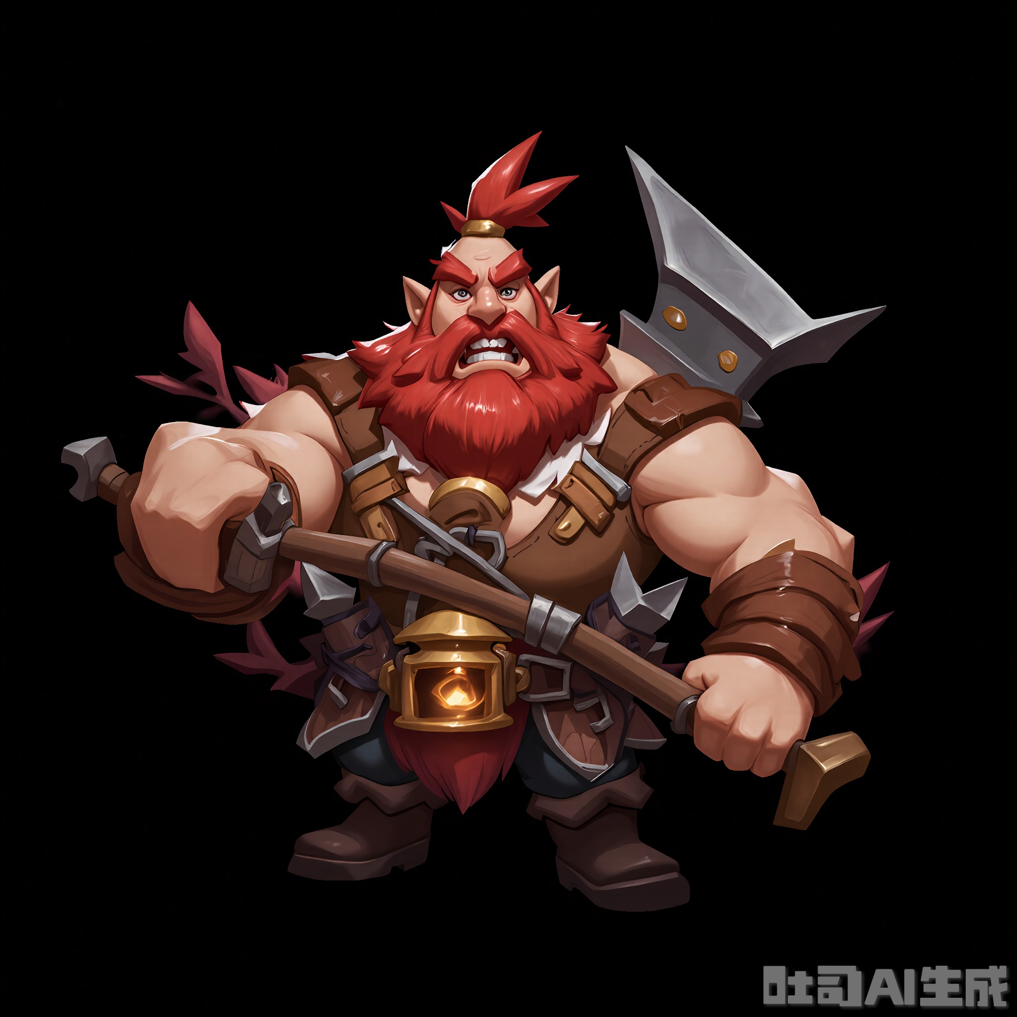 OMHT, A dynamic digital illustration of a boisterous dwarf with a bushy red beard, clad in a heavy leather vest and a pair of sturdy boots. He wields a large, double-headed axe in his right hand and has a belt full of mining tools around his waist. His face is full of determination, and a small, glowing lantern hangs from his belt. The background is a simple black, emphasizing the dwarf's rugged appearance. The style is cartoonish and full of strength.

