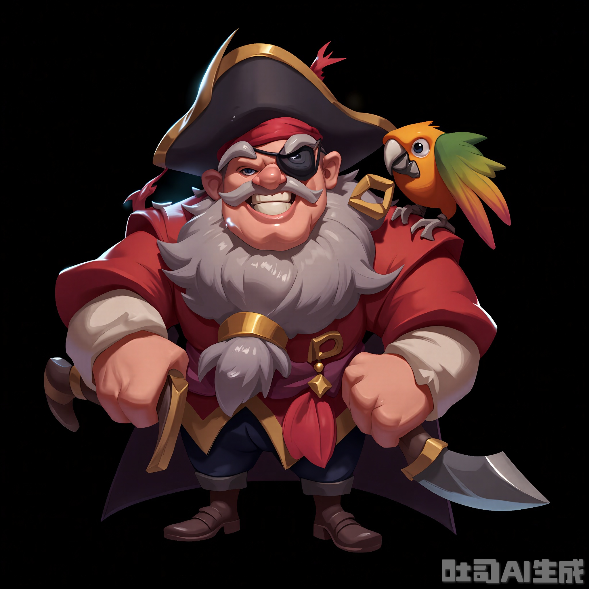 OMHT, A vibrant digital illustration of a jolly pirate with a black eye patch and a wide, toothy grin, wearing a tattered red coat and a tricorn hat. He clutches a cutlass in his right hand and has a parrot on his shoulder that squawks loudly. His beard is long and gray, and a small, golden hoop earring dangles from his ear. The background is a simple black, making the pirate's colorful attire pop. The style is cartoonish and full of adventure.
