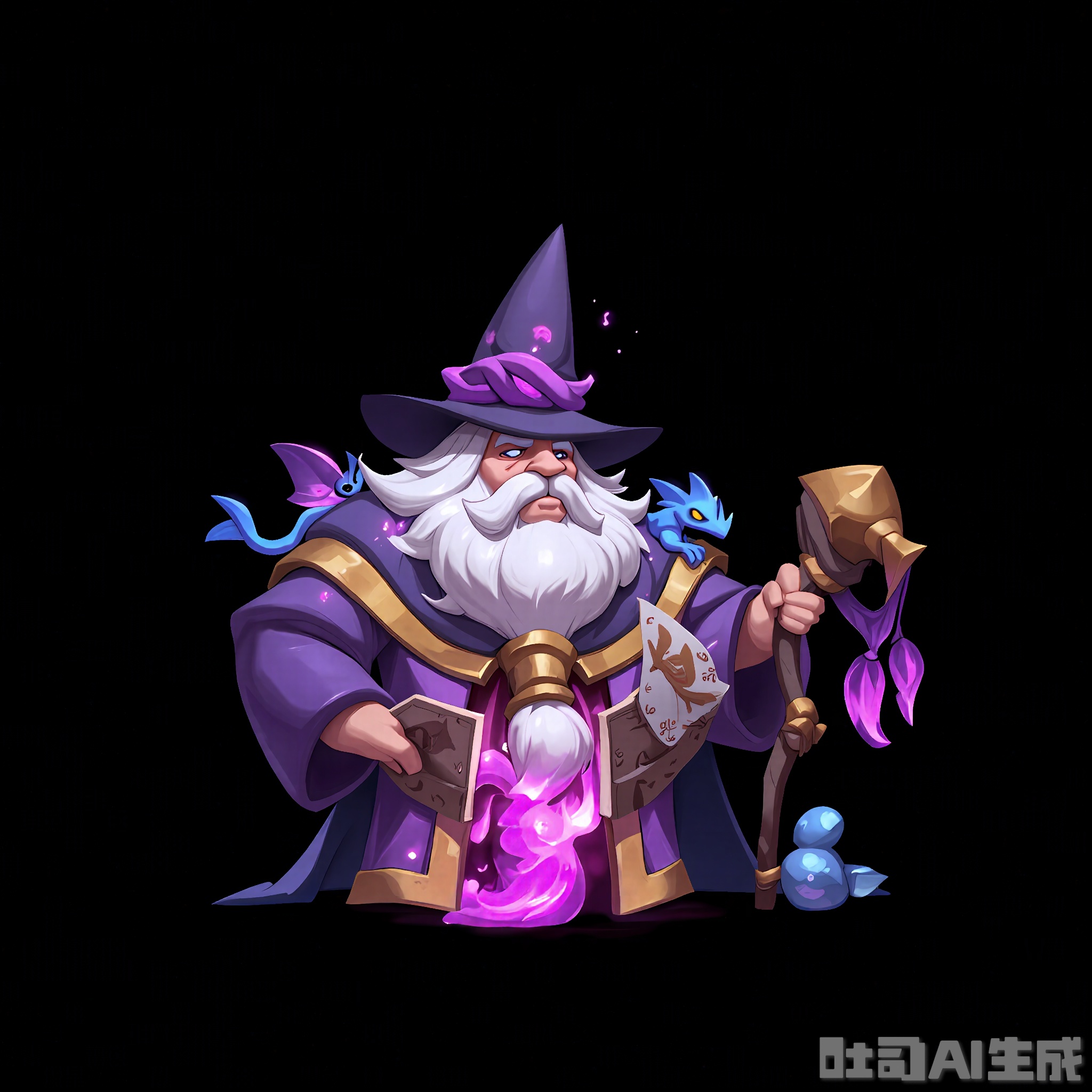 OMHT, A dynamic digital illustration of a wise old sorcerer with a long, white beard and a tall, pointed hat, wearing a purple robe with gold trim. He holds a staff with a swirling purple orb at the top in his right hand and has a book of spells in his left. His eyes are deep and knowing, and a small, blue dragon perches on his shoulder. The background is a simple black, making the sorcerer's magical aura stand out. The style is cartoonish and full of mystery.
