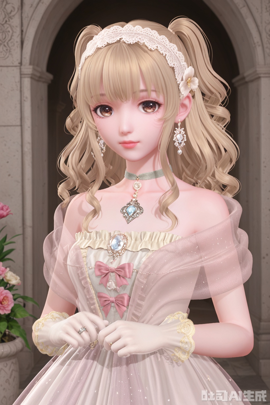 1girl, solo, long hair, looking at viewer, bangs, blonde hair, hair ornament, gloves, dress, bow, bare shoulders, brown eyes, jewelry, collarbone, flower, hairband, earrings, choker, white gloves, hair flower, necklace, white dress, two side up, lips, see-through, wavy hair, ring, pink bow, gem, lace trim, lace, flower earrings