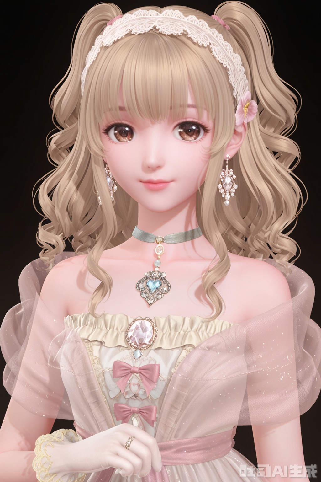 1girl, solo, long hair, looking at viewer, smile, bangs, blonde hair, hair ornament, gloves, dress, bow, bare shoulders, brown eyes, jewelry, closed mouth, collarbone, upper body, flower, hairband, earrings, choker, white gloves, hair flower, necklace, white dress, two side up, lips, see-through, wavy hair, ring, pink bow, black background, gem, lace trim, lace, flower earrings