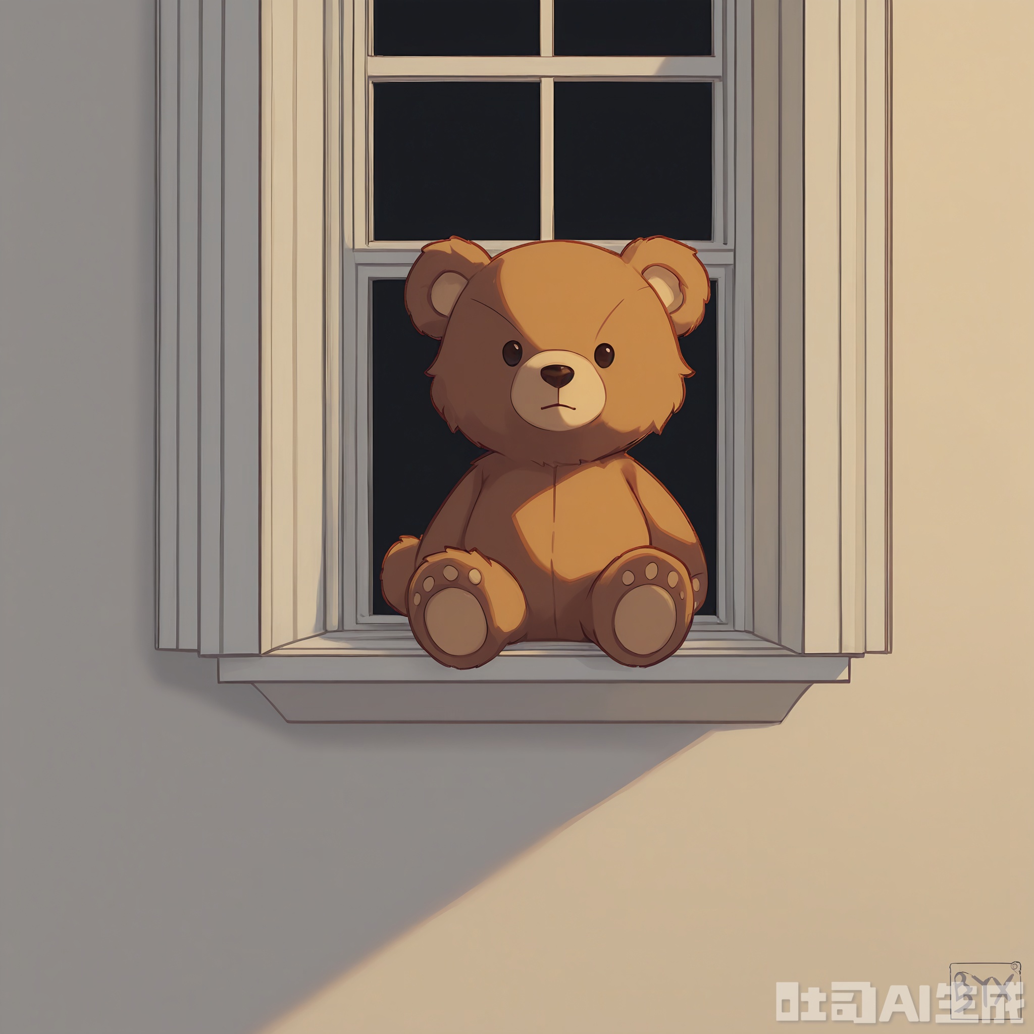 BYTX, A fluffy, tan teddy bear with a round body and small, stubby legs is perched on a windowsill, looking out a large window. The bear has a small, round tail and a soft, plush texture. The background is a plain, light-colored wall with a dark trim at the bottom. The lighting is soft and natural, coming from the window. The image has a serene, cozy atmosphere.