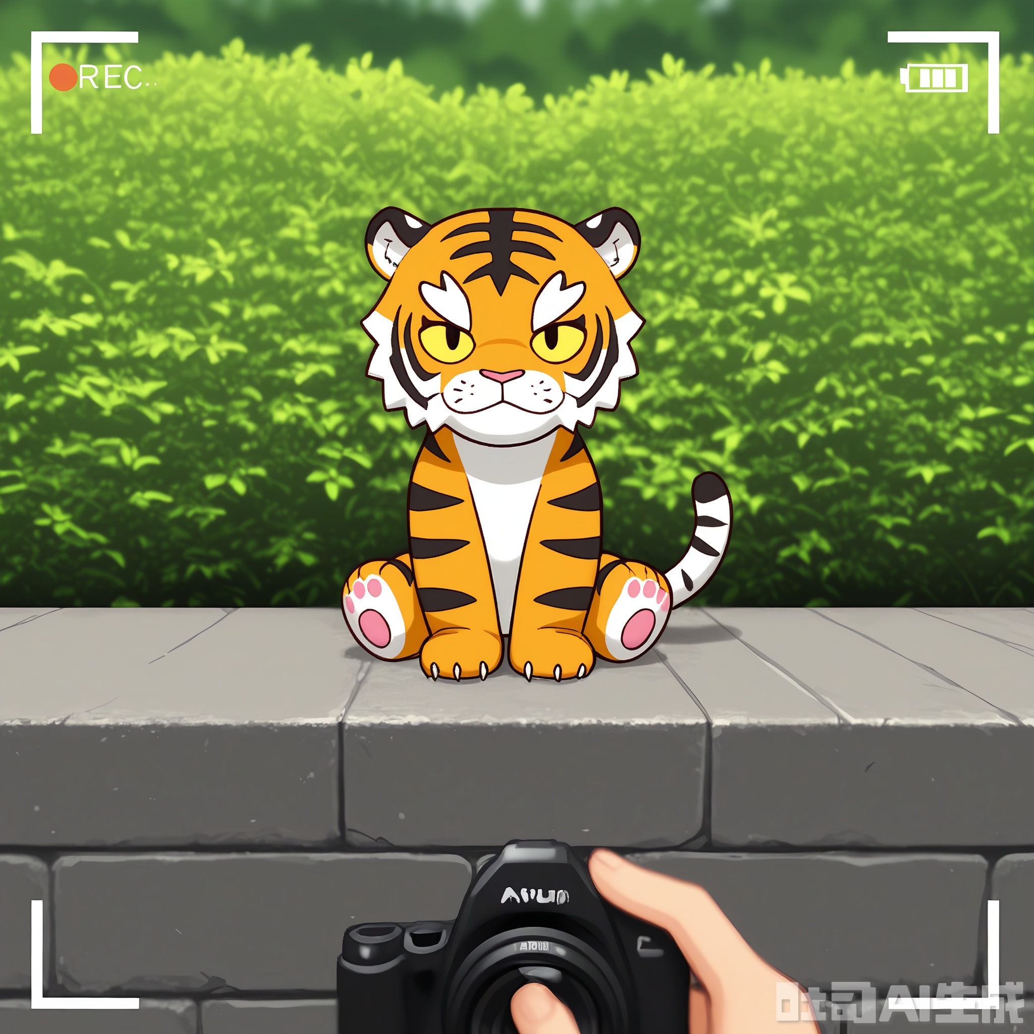 BYTX, A cute, plush toy tiger with a round body and short legs is climbing a grey brick wall. The tiger has a fluffy texture with orange and black stripes, white inner ears, and a white tail tip. Its small paws are gripping the wall, and its face is turned away from the camera. The background shows a blurred, green outdoor setting with foliage and a wooden fence. The image is a high-quality photograph with a shallow depth of field, focusing on the tiger.