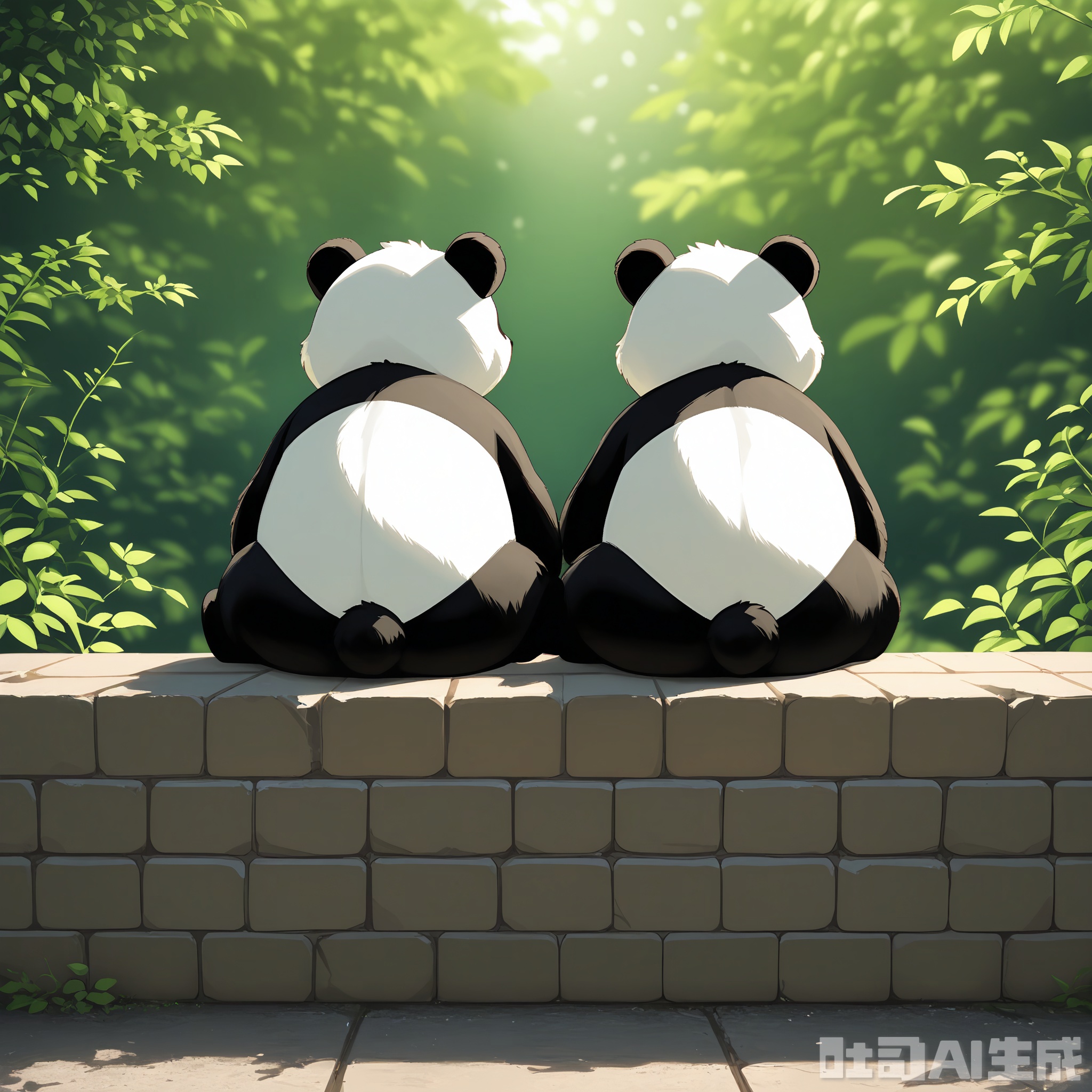 BYTX, A fluffy, plush panda bear with black ears and a black stripe across its back, is sitting on a brick wall. The panda has a round, white body with a black tail and is facing away from the viewer. The background features lush green foliage and a blurred stone structure. The panda has a cute and endearing expression, with its small paws resting on the wall. The image is a high-quality photograph with a soft, natural lighting.