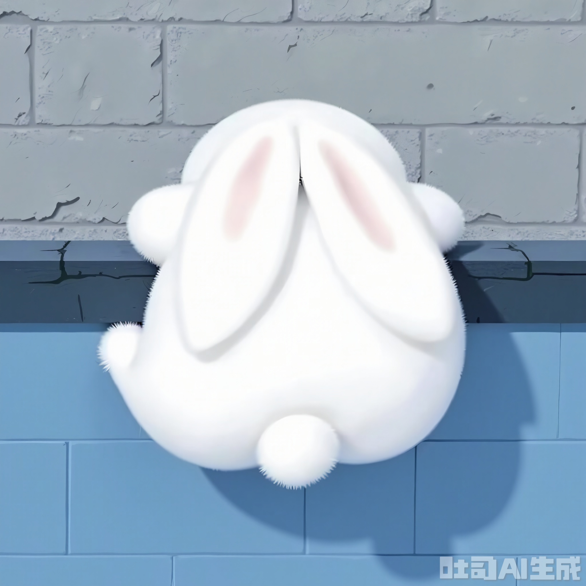 BYTX, A cute, fluffy white rabbit with long ears and pink inner ears is sitting on a blue tiled floor, facing away from the viewer. The rabbit is positioned near a stone wall with a rough texture. The lighting is soft and natural, casting gentle shadows. The rabbit's fur appears soft and plush. The image is a high-quality digital illustration with a whimsical and serene atmosphere. The rabbit's tail is visible, and it is the main focus of the composition.