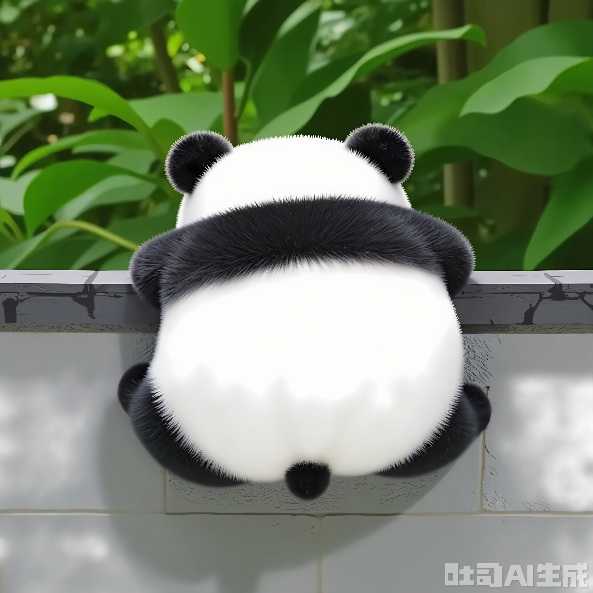 BYTX, A fluffy, plush panda bear with black ears and a black stripe across its back, is sitting on a brick wall. The panda has a round, white body with a black tail and is facing away from the viewer. The background features lush green foliage and a blurred stone structure. The panda has a cute and endearing expression, with its small paws resting on the wall. The image is a high-quality photograph with a soft, natural lighting.