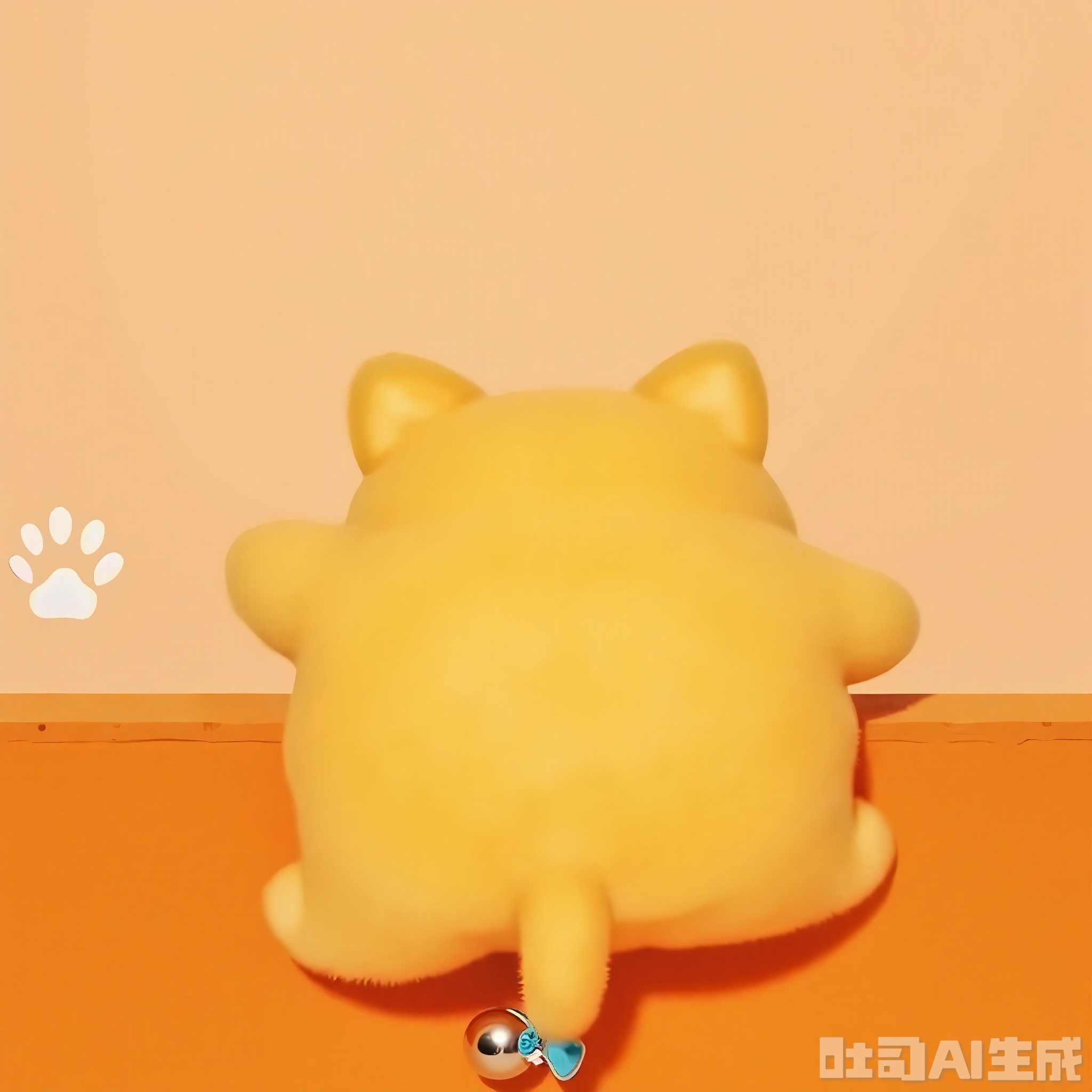 BYTX, A cute, orange kitten plush toy is curled up in a ball on a soft, orange fleece blanket. The kitten has round, green eyes, a tiny pink nose, and a fluffy tail. It's wearing a small, blue collar with a silver bell. The background is a peach-colored wall with a small, white paw print decal in the bottom left corner. The lighting is soft and warm, making the scene feel inviting and sweet.
