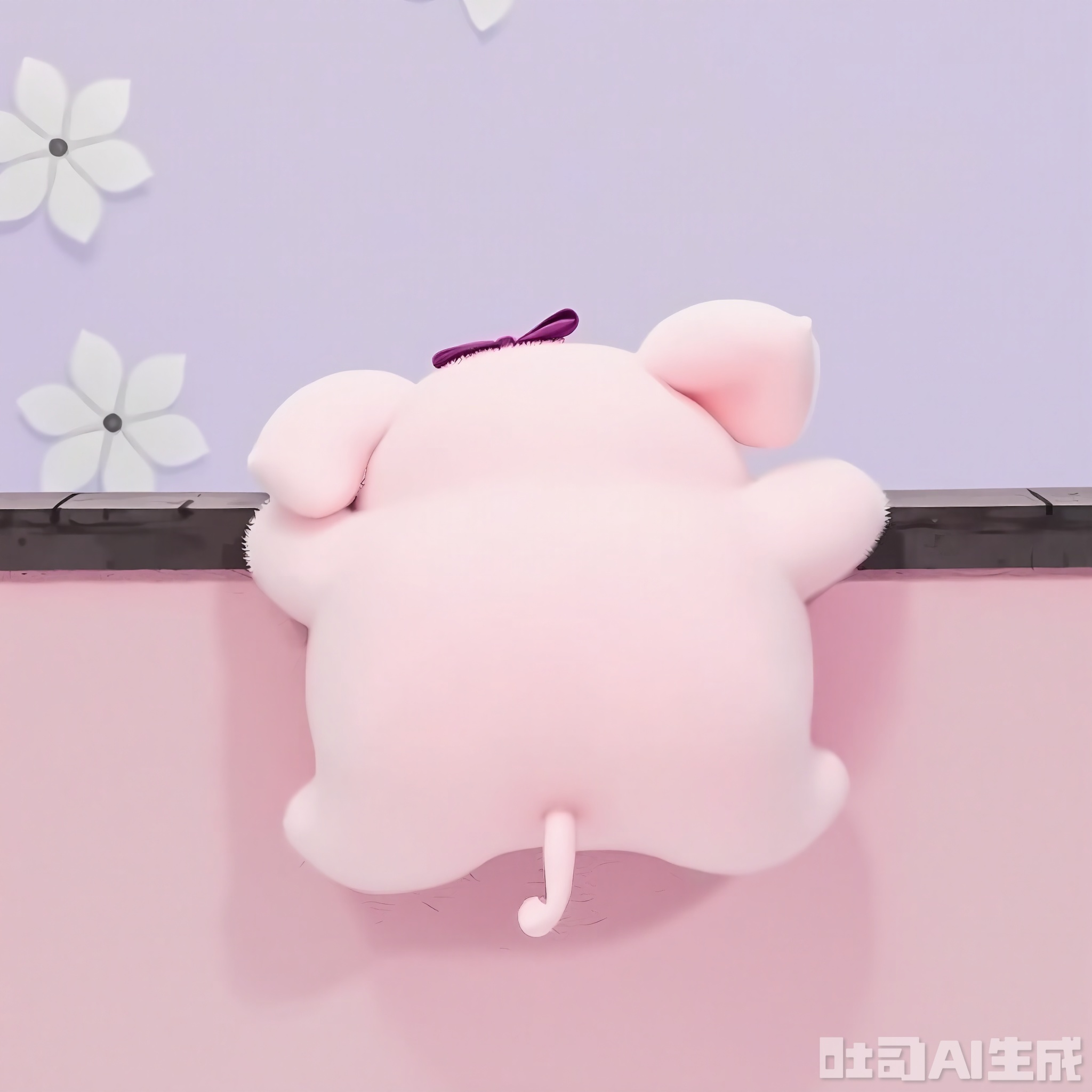 BYTX, A lovely, pink piglet plush toy is lying on its side on a soft, pink polka-dotted blanket. The piglet has round, black eyes, a small, pink snout, and a curly tail. It's wearing a small, purple bow around its neck. The background is a light lavender wall with a small, white flower decal in the bottom left corner. The lighting is soft and warm, creating a sweet and charming atmosphere.
