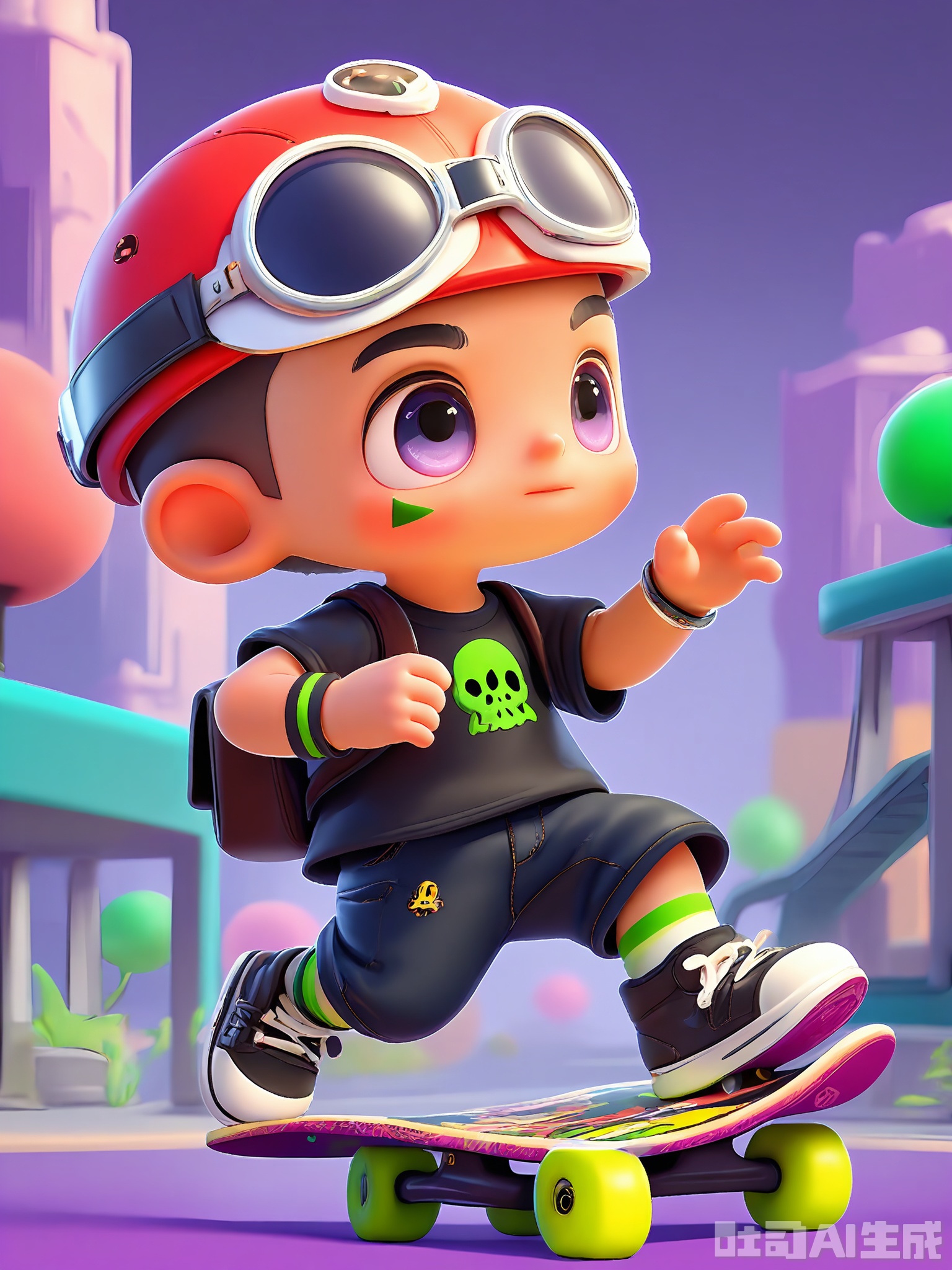 DSSJ, 3D render, anime style, young boy with a buzz cut and a red mohawk on top, wearing a black skateboarding helmet with neon-green stripes, a black graphic T-shirt with a skull design, baggy black jeans with knee holes, black skate shoes, holding a skateboard with a dragon graphic under his left arm, a small black backpack with skateboard stickers on it, a skate park background with ramps and rails, daring expression, big intense eyes, soft shading, digital art, medium shot, skateboarding-inspired casual wear.