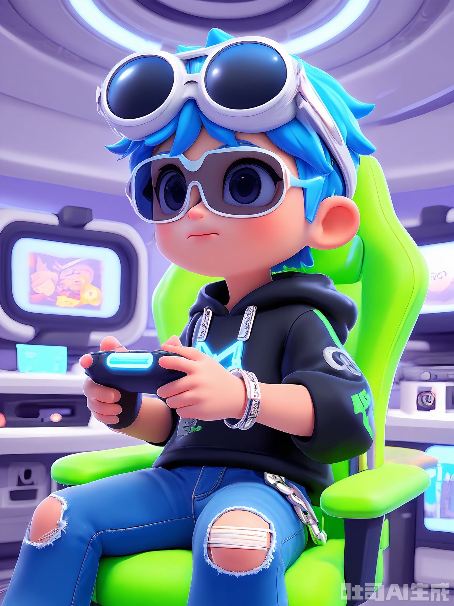 DSSJ, A young man with spiky, electric blue hair, wearing angular, geometric-shaped silver sunglasses, a black graphic hoodie with a neon-green alien design, and ripped light-wash jeans. He has a silver chain bracelet and is holding a holographic controller in one hand, sitting on a futuristic, glowing blue gaming chair. The background is a neon-lit virtual reality gaming room with floating digital elements. The style is 3D poster, with a bold and futuristic aesthetic.