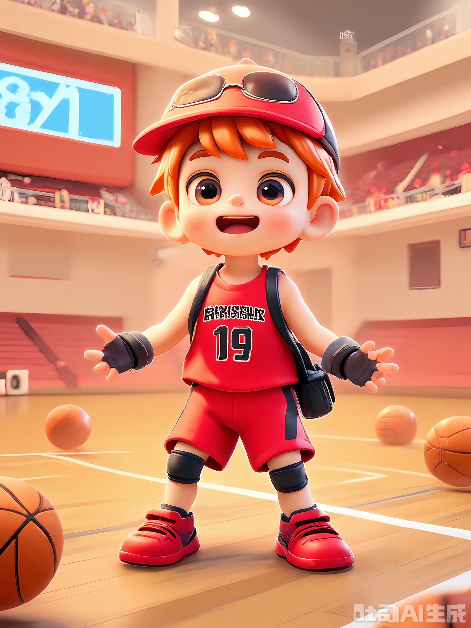 DSSJ, 3D render, anime style, young boy with messy orange hair, wearing a red basketball cap with the word "SLAM" on it, a black basketball jersey with number 24, red basketball shorts, black knee pads, holding a basketball with a goofy face in his right hand and dribbling another one with his left, a large black sports bag on the floor beside him, a basketball court background with wooden floor and hoops, excited expression, big lively eyes, soft shading, digital art, medium shot, basketball-focused casual attire.