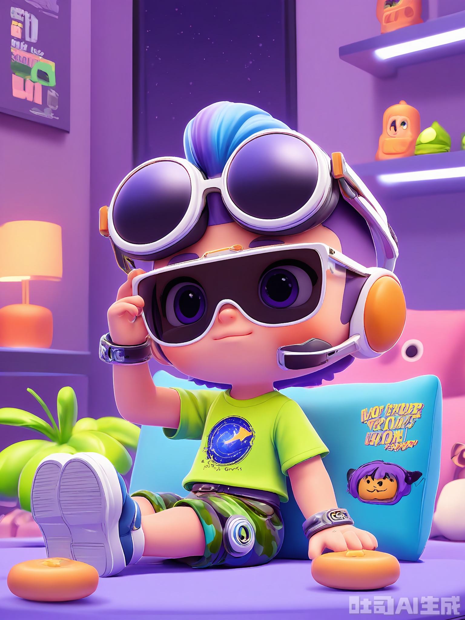 DSSJ, A young man with a mohawk dyed in a gradient of purple and blue, wearing angular, black-rimmed sunglasses, a graphic tee with a space-themed print, and camouflage cargo shorts. He has a leather cuff and is holding a virtual reality headset, sitting on a bean bag in a tech-savvy living room. The background is a wall filled with posters of sci-fi movies and shelves of gadgets. The style is 3D poster, with a techy and futuristic aesthetic.