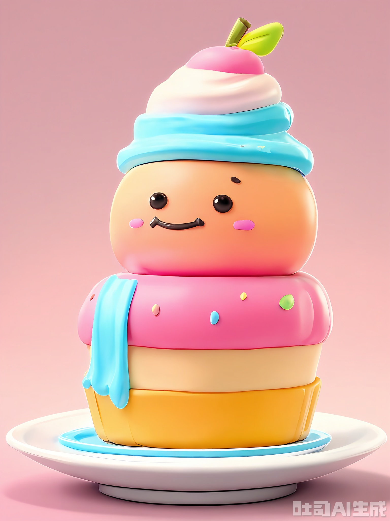 DSSJ, A digital 3D poster of two cheerful, smiling cupcakes on a plate. The larger cupcake has pink frosting and a cherry on top, with a big smile, while the smaller one has blue frosting and a sprinkle topping, also smiling. Both have a fluffy cake base. The background is a gradient of soft yellow and light orange, like a sunny kitchen. The style is sweet and playful, giving off a delicious and inviting vibe. The cupcakes have a cute, edible design that makes your mouth water.