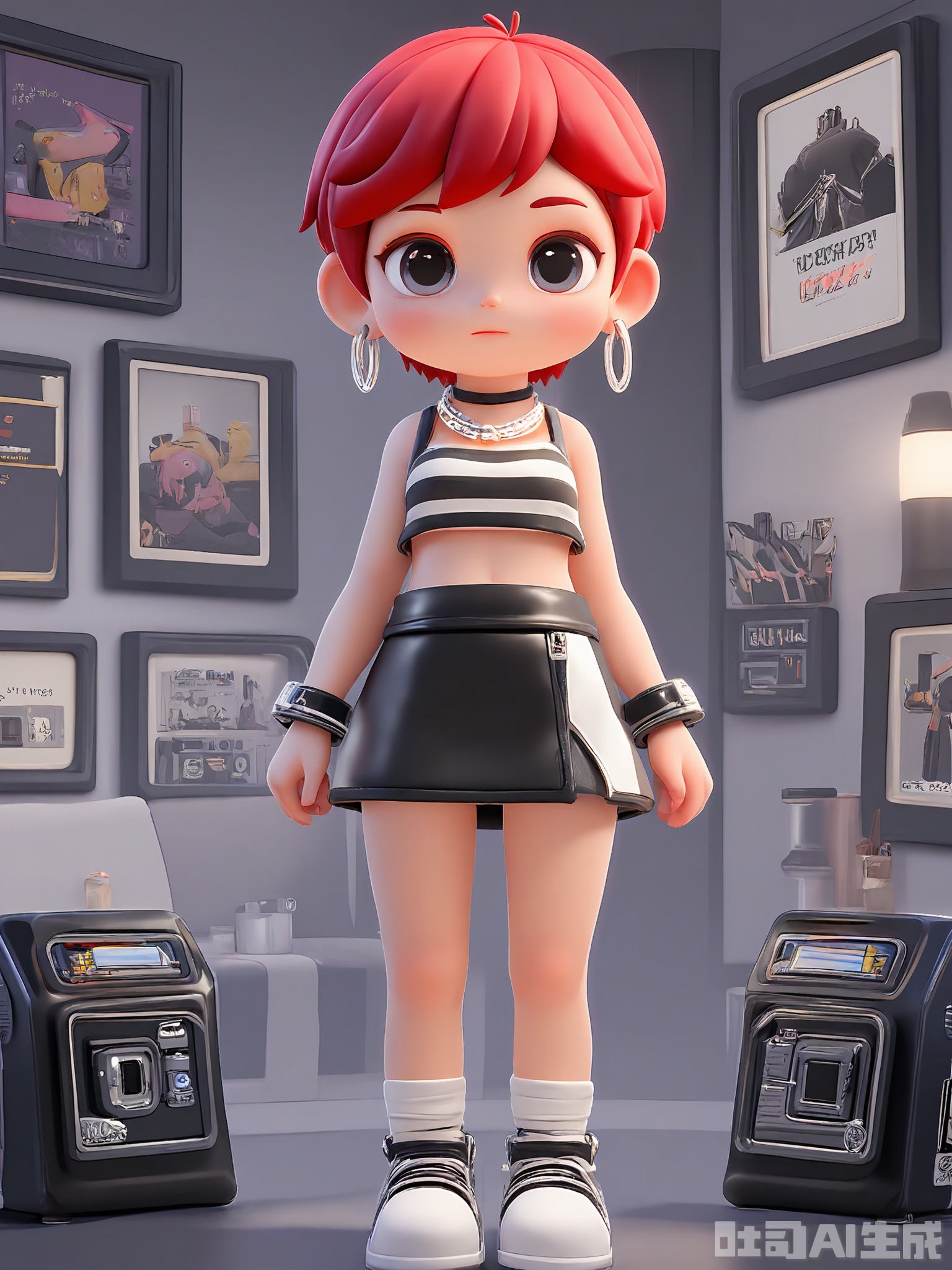 DSSJ, A digital illustration of a young woman with a pixie cut and bright-red hair, wearing a black and white striped crop top and high-waisted black skirt. She is posing in a modern art gallery filled with abstract paintings and sculptures. She has a silver hoop necklace, black leather cuffs, and a small black clutch with a geometric pattern. She is crossing her legs and has a sophisticated, artistic expression. The lighting is bright and even, highlighting the clean lines and bold colors of the artworks.