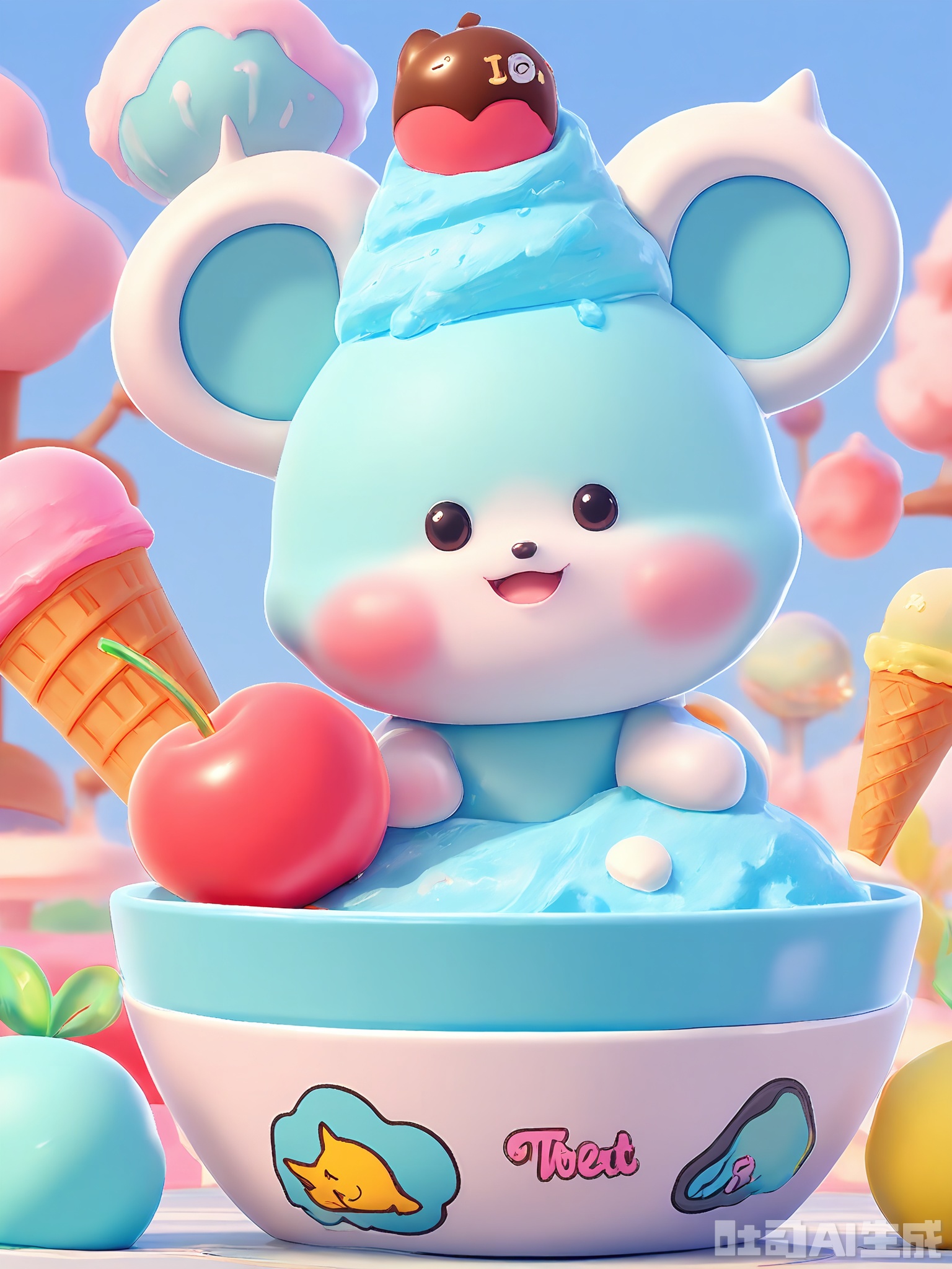 DSSJ, A digital 3D illustration featuring two joyful, smiling ice cream cones in a bowl. The bigger cone has chocolate ice cream with a cherry on top and a big smile, while the smaller one has vanilla ice cream with sprinkles, also smiling. Both have a crispy cone base. The background is a gradient of pastel blue and light pink, like a summer day. The style is sweet and playful, giving off a refreshing and inviting vibe. The ice cream cones have a cute, edible design that makes you crave a treat.